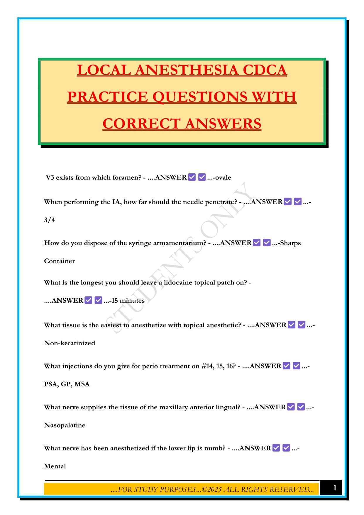 LOCAL ANESTHESIA CDCA PRACTICE QUESTIONS WITH CORRECT ANSWERS