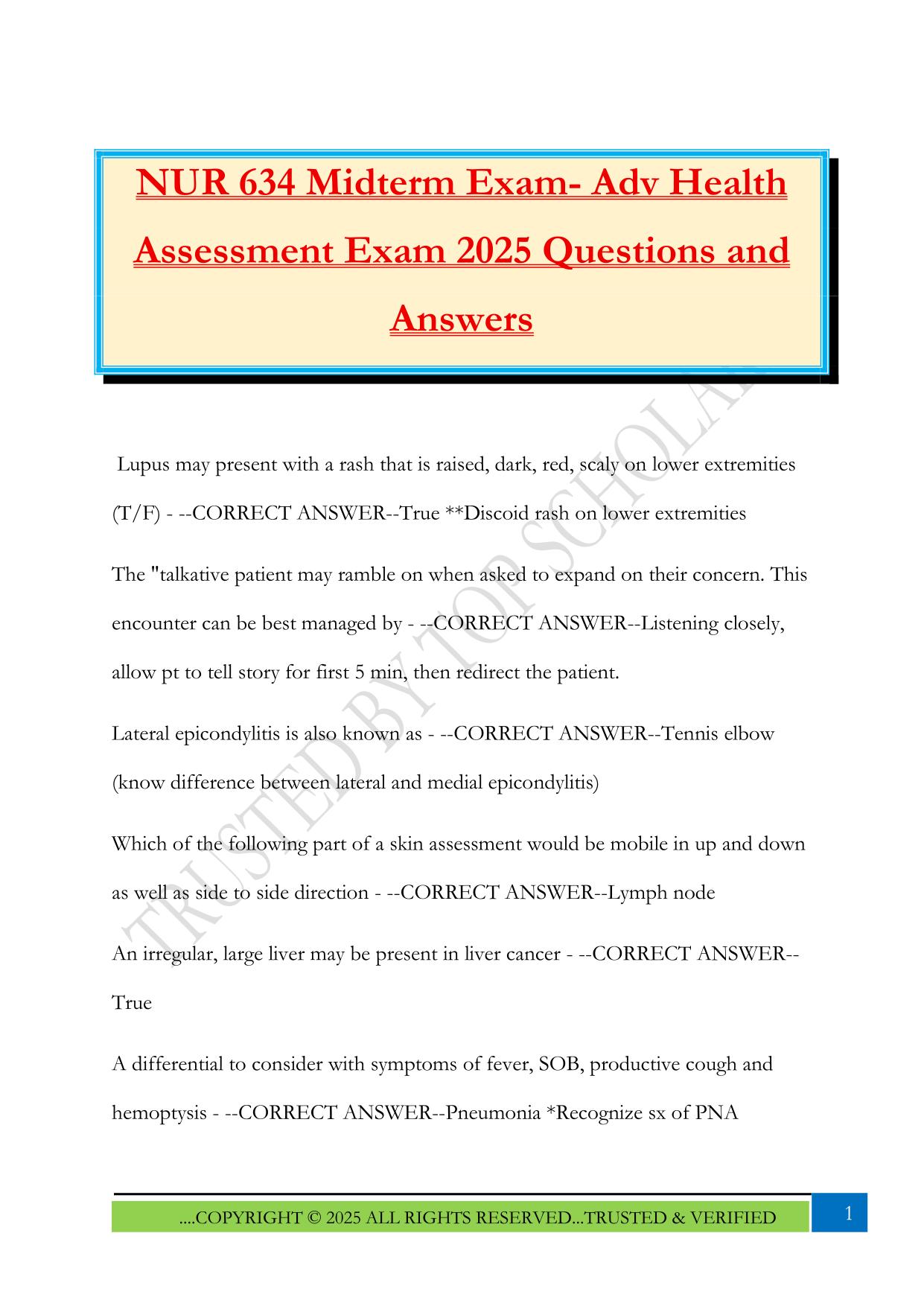NUR 634 Midterm Exam- Adv Health Assessment Exam 2025 Questions and Answers