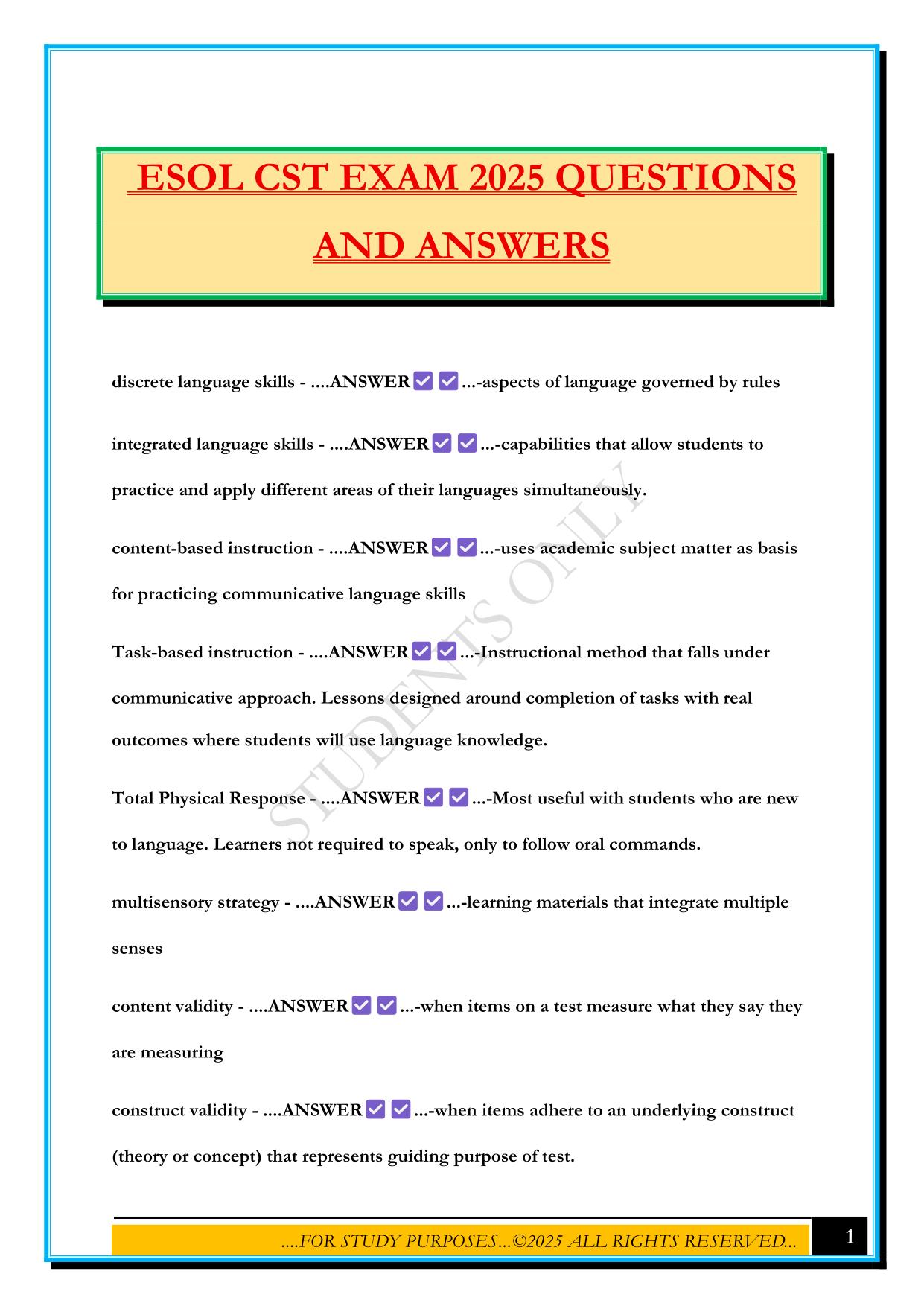 ESOL CST EXAM 2025 QUESTIONS AND ANSWERS