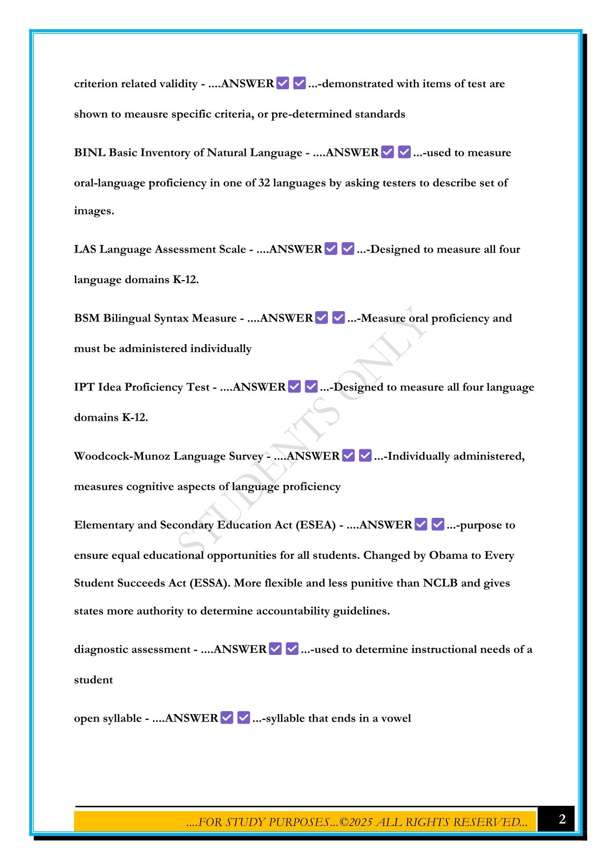 ESOL CST EXAM 2025 QUESTIONS AND ANSWERS