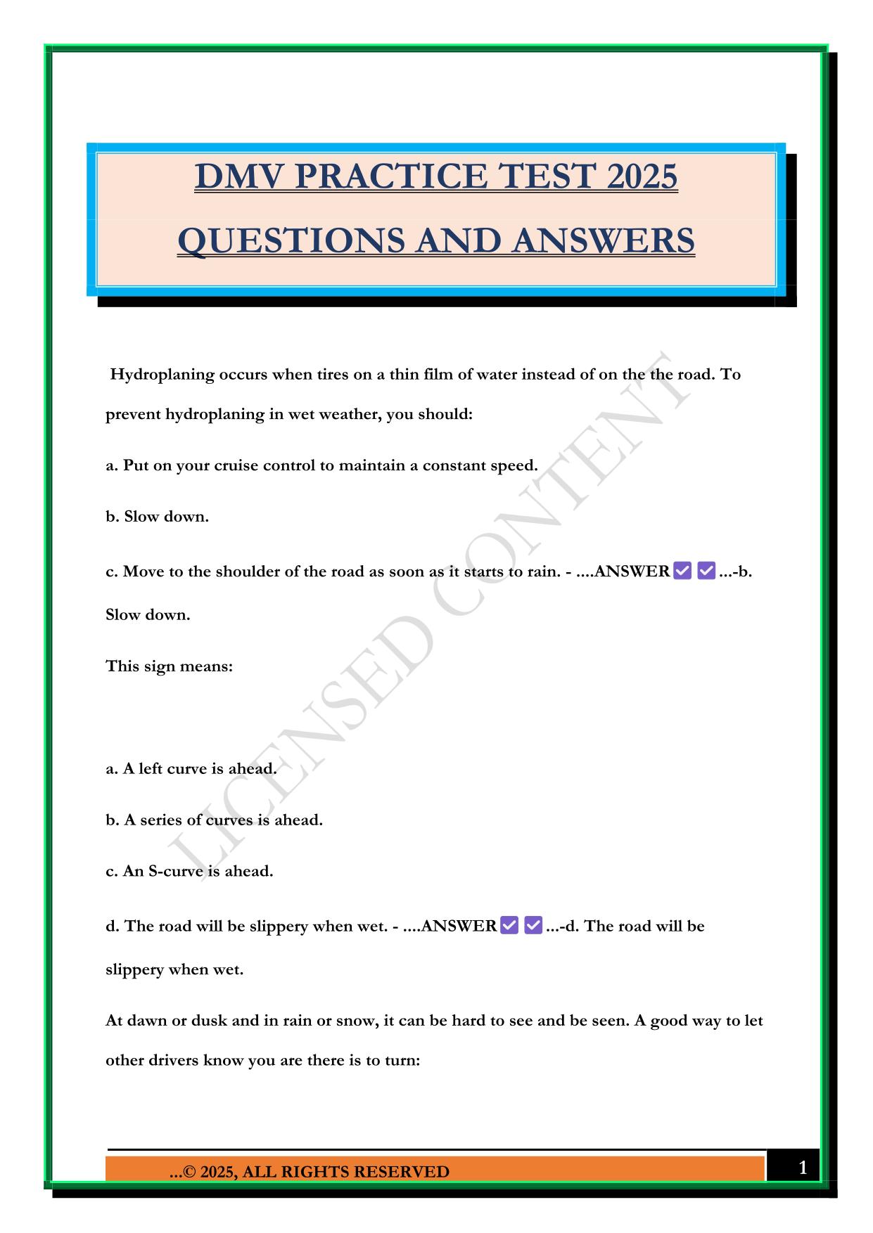 DMV PRACTICE TEST 2025 QUESTIONS AND ANSWERS