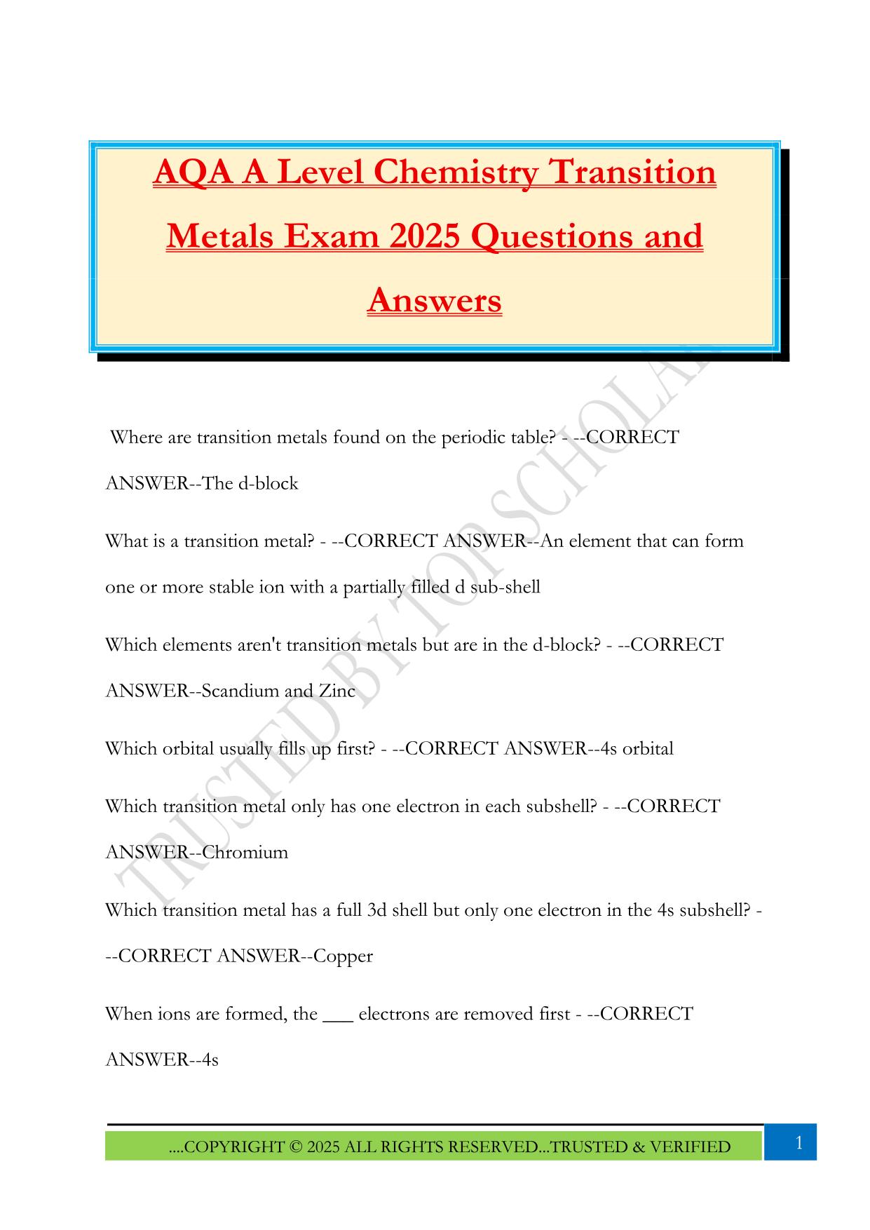 AQA A Level Chemistry Transition Metals Exam 2025 Questions and Answers