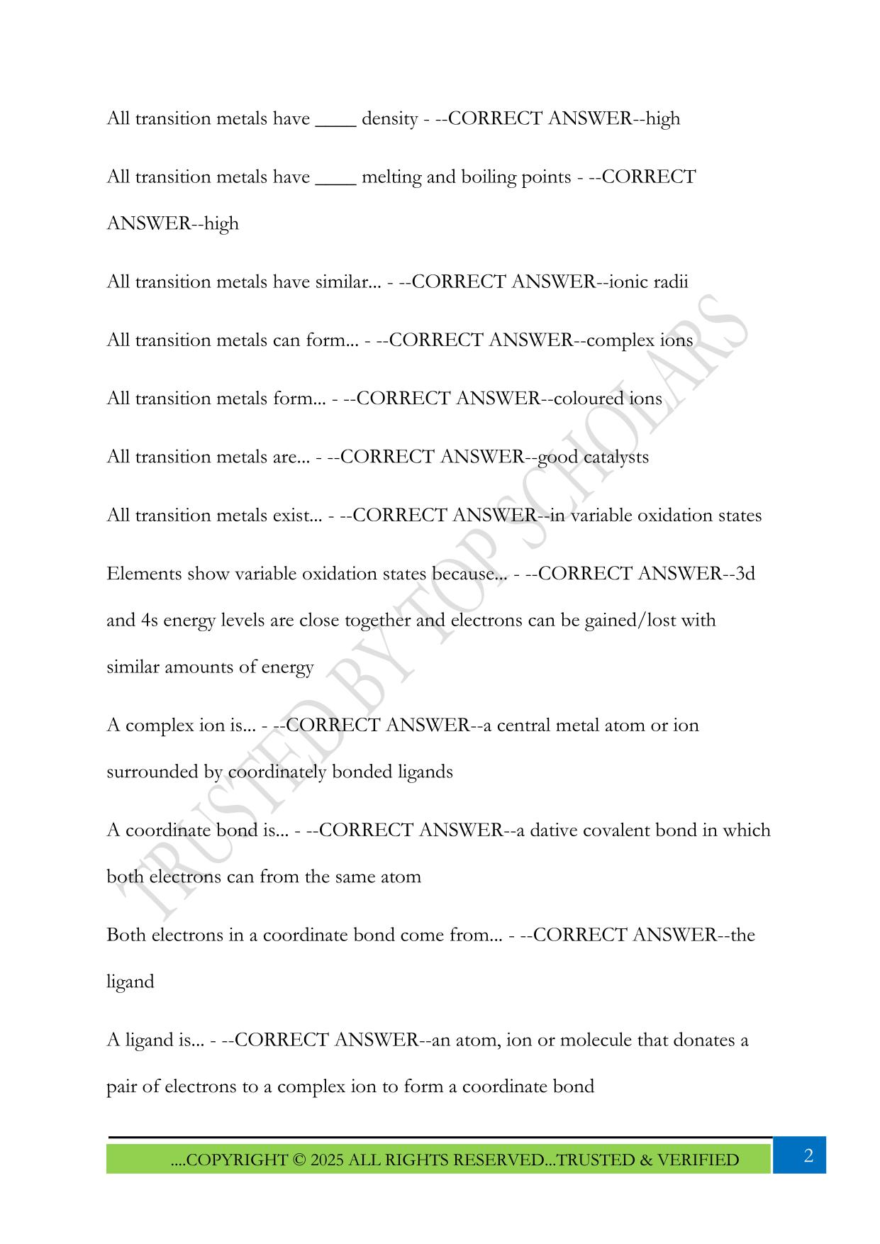 AQA A Level Chemistry Transition Metals Exam 2025 Questions and Answers