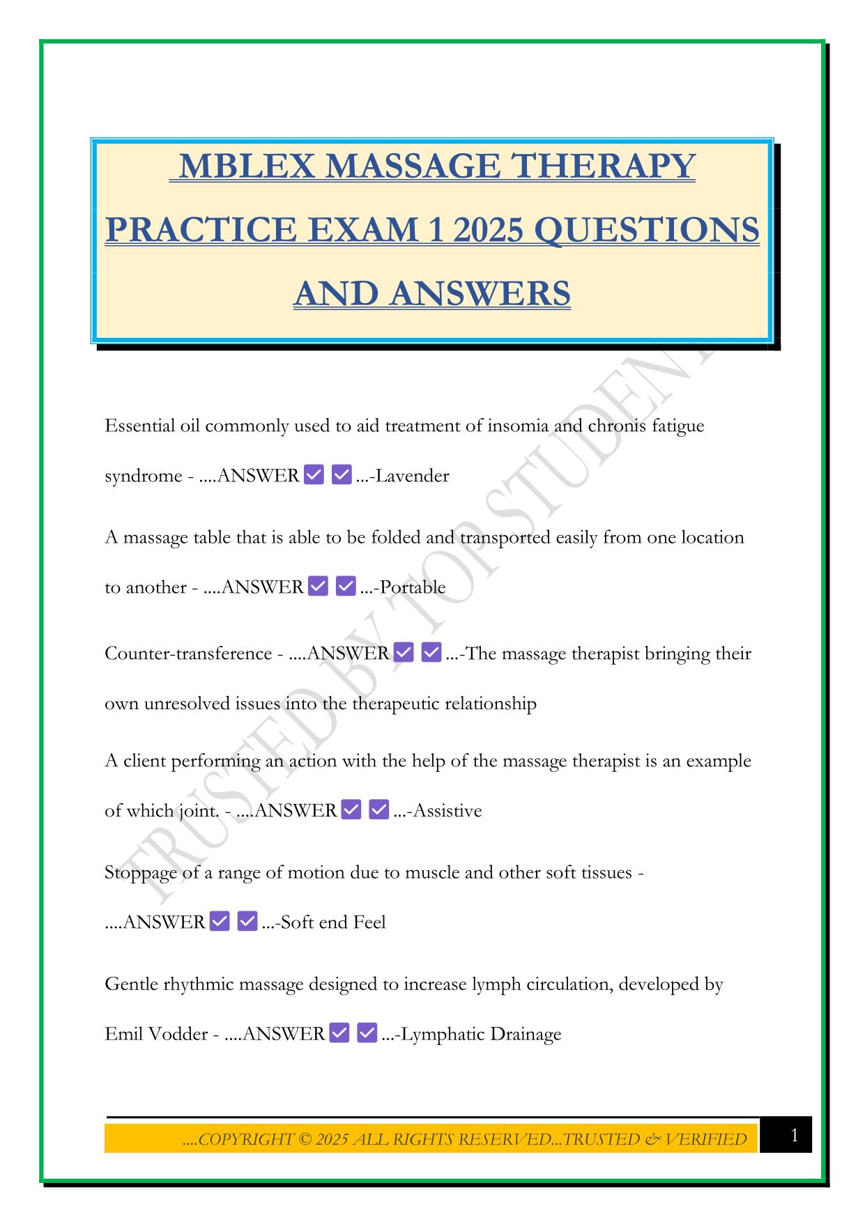 MBLEX MASSAGE THERAPY PRACTICE EXAM 1 2025 QUESTIONS AND ANSWERS