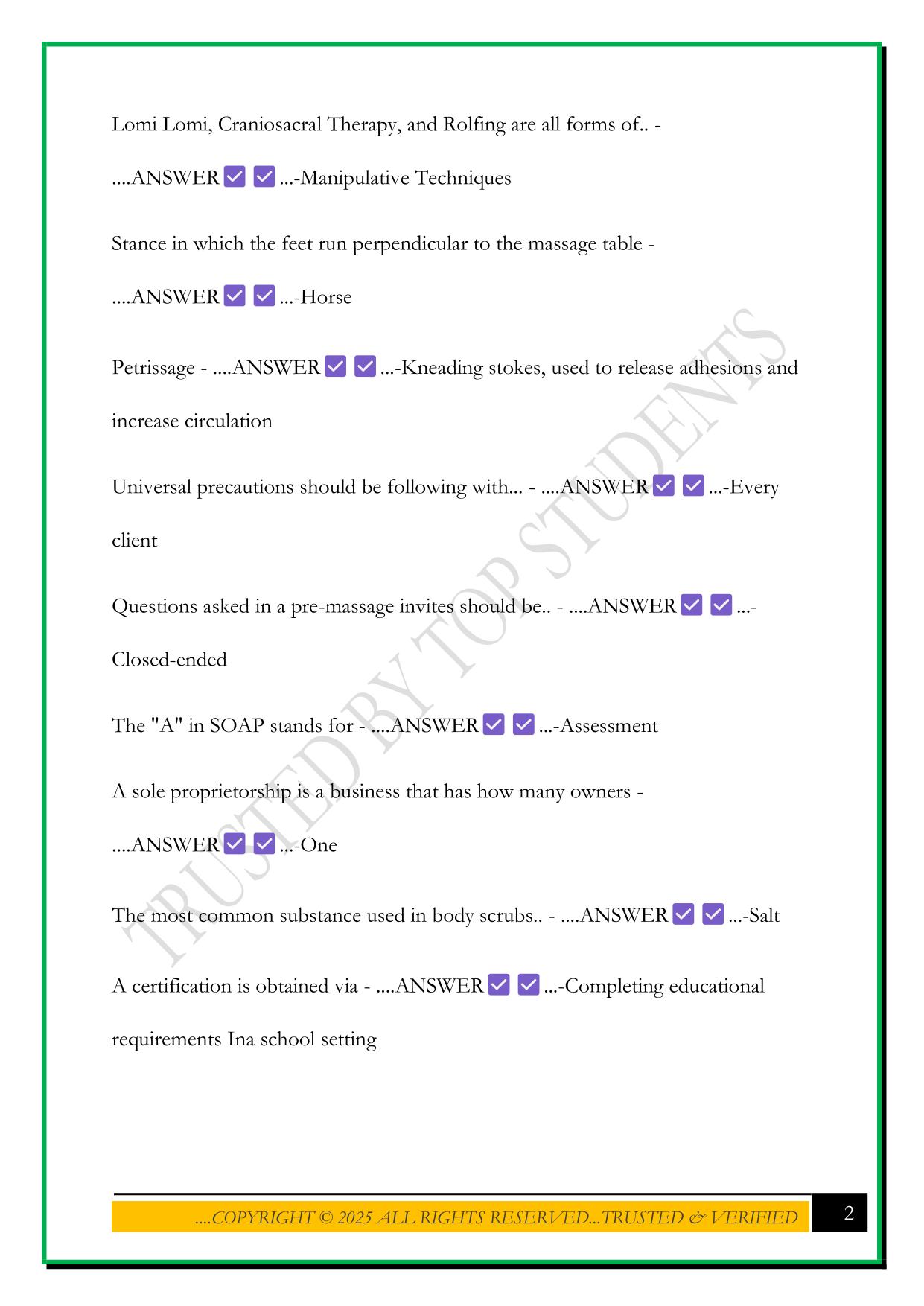 MBLEX MASSAGE THERAPY PRACTICE EXAM 1 2025 QUESTIONS AND ANSWERS