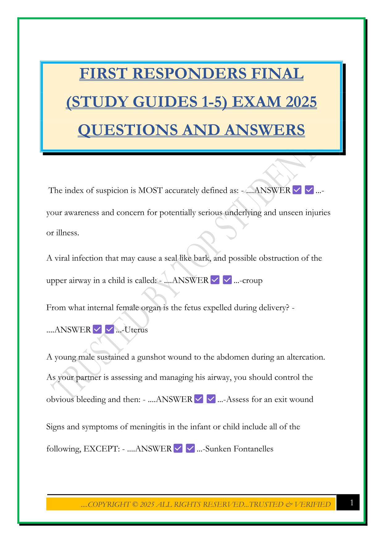 FIRST RESPONDERS FINAL (STUDY GUIDES 1-5) EXAM 2025 QUESTIONS AND ANSWERS