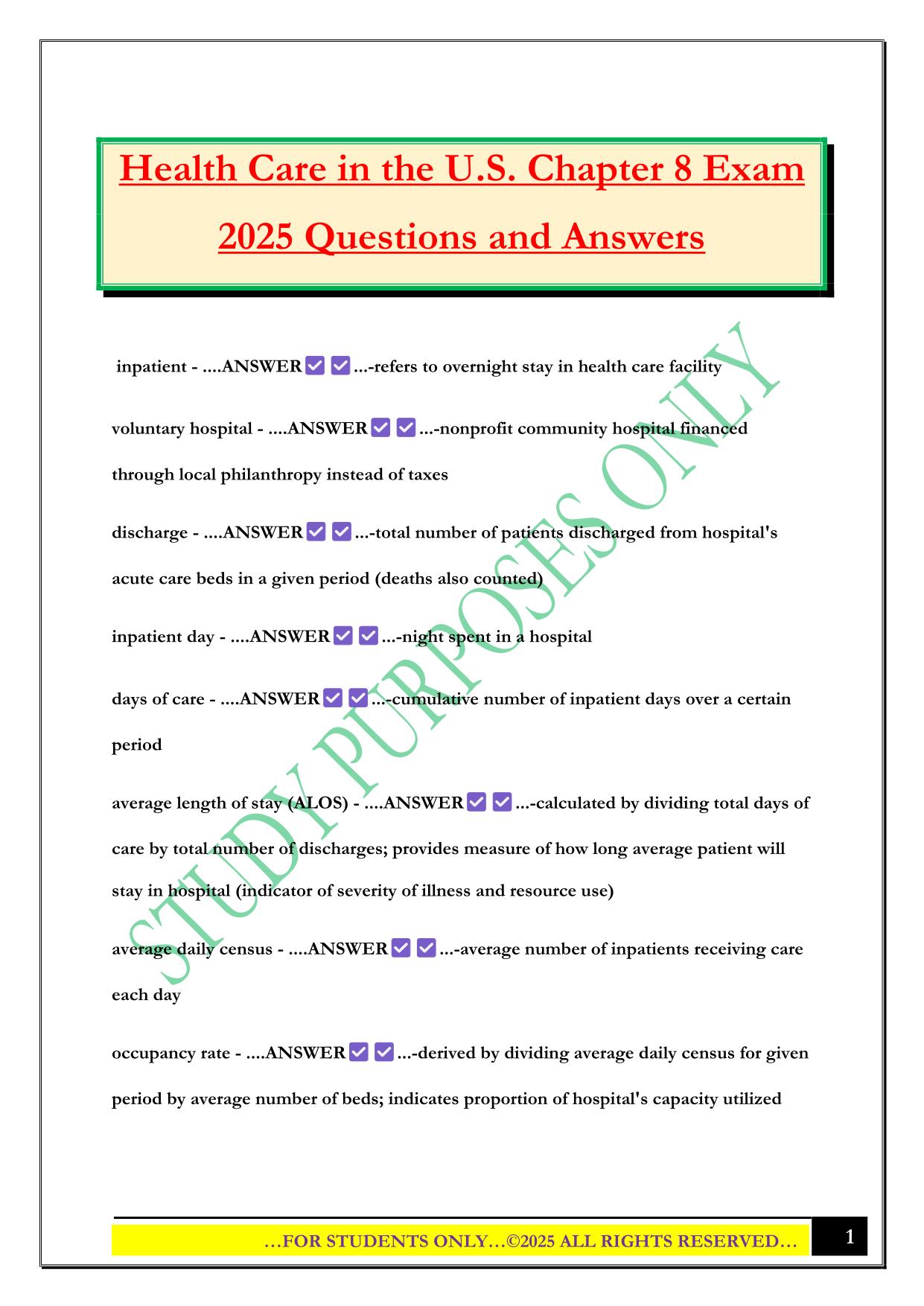 Health Care in the U.S. Chapter 8 Exam 2025 Questions and Answers