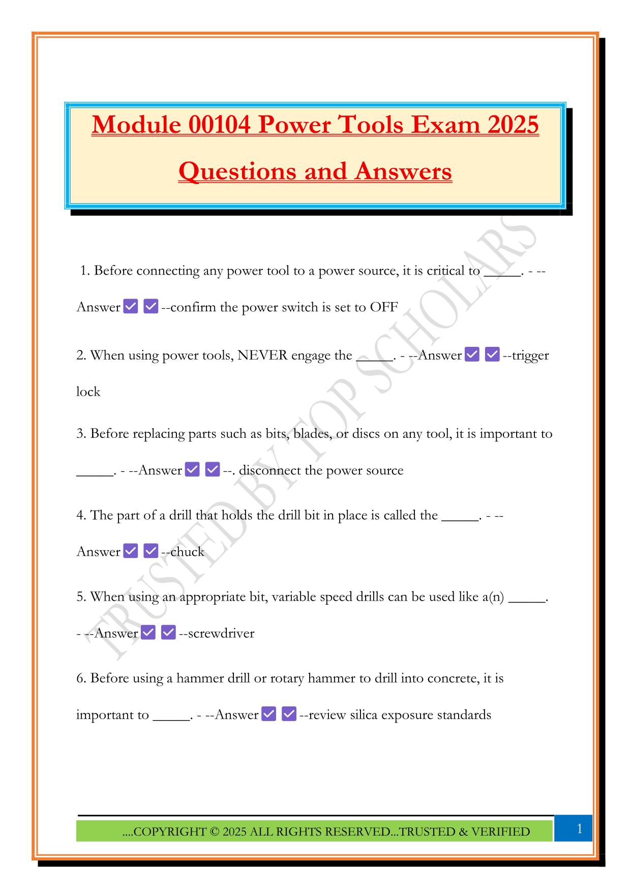 Module 00104 Power Tools Exam 2025 Questions and Answers