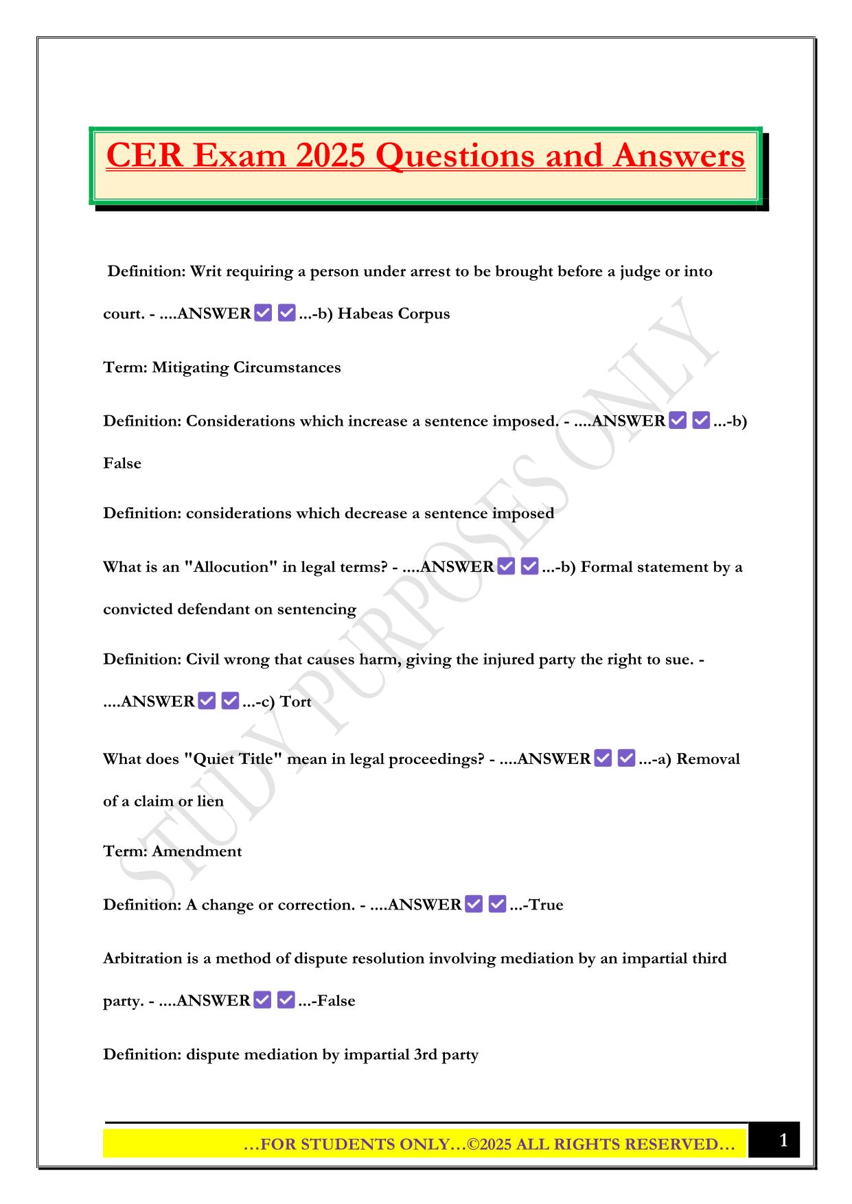 CER Exam 2025 Questions and Answers