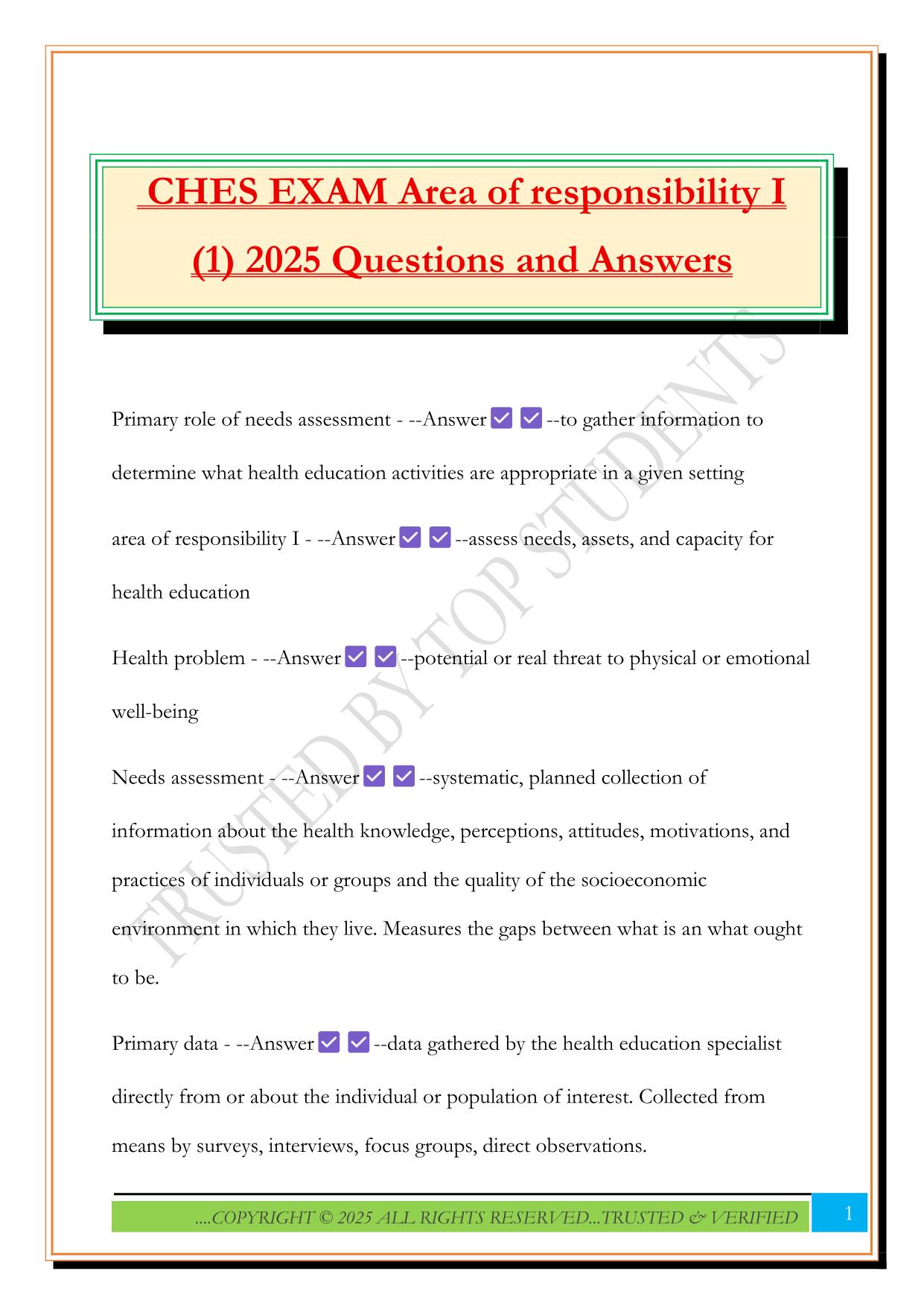 CHES EXAM Area of responsibility I (1) 2025 Questions and Answers