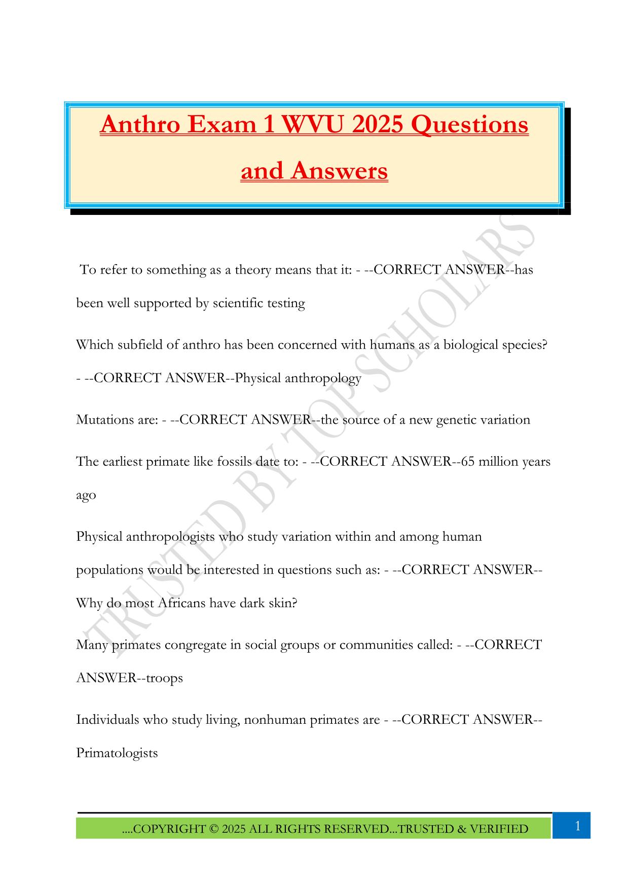 Anthro Exam 1 WVU 2025 Questions and Answers