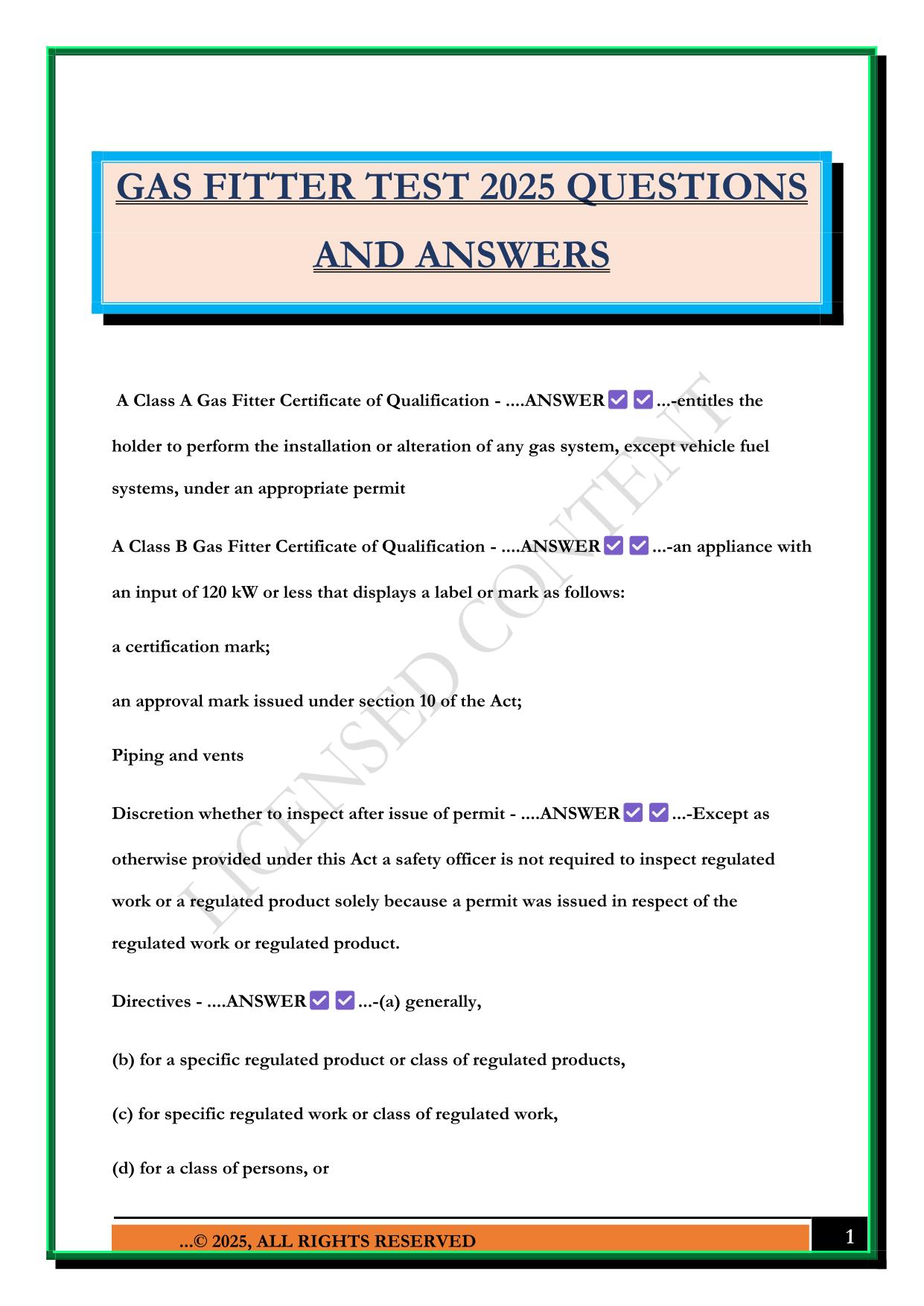 GAS FITTER TEST 2025 QUESTIONS AND ANSWERS