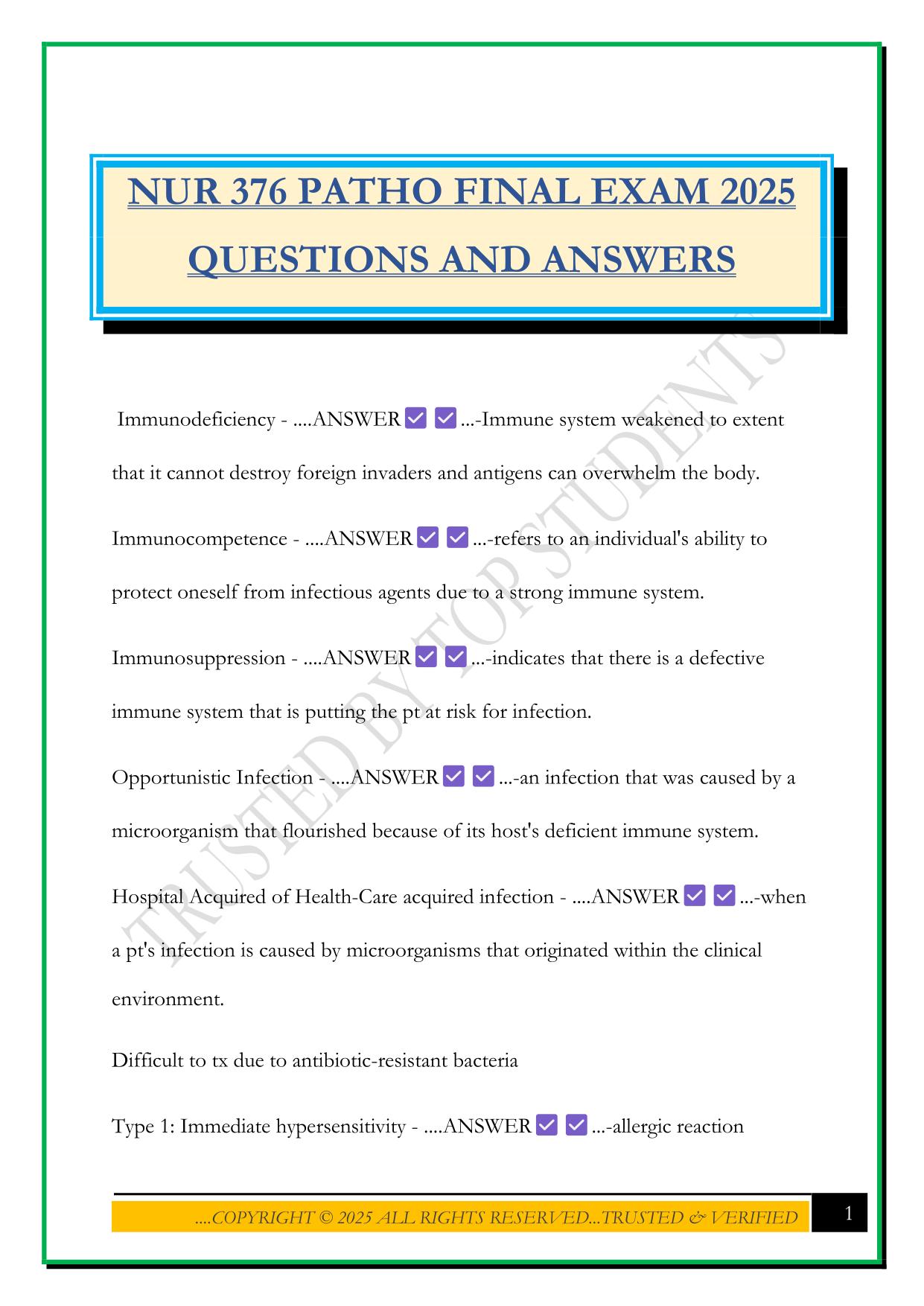 NUR 376 PATHO FINAL EXAM 2025 QUESTIONS AND ANSWERS