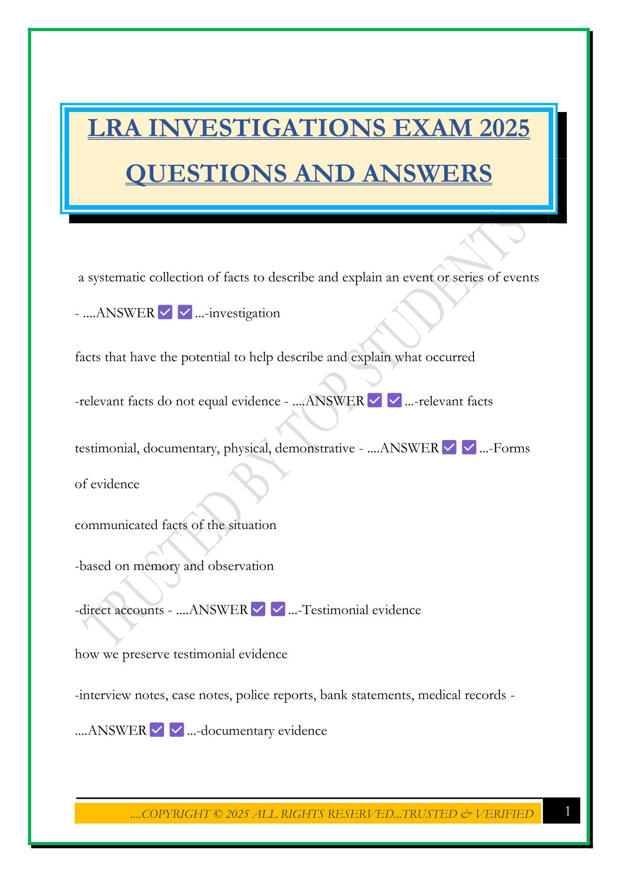LRA INVESTIGATIONS EXAM 2025 QUESTIONS AND ANSWERS