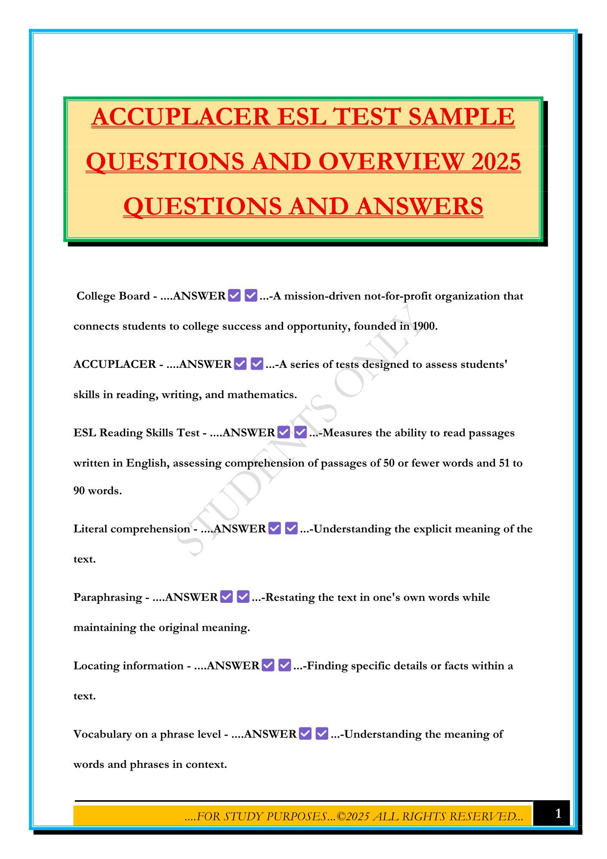 ACCUPLACER ESL TEST SAMPLE QUESTIONS AND OVERVIEW 2025 QUESTIONS AND ANSWERS