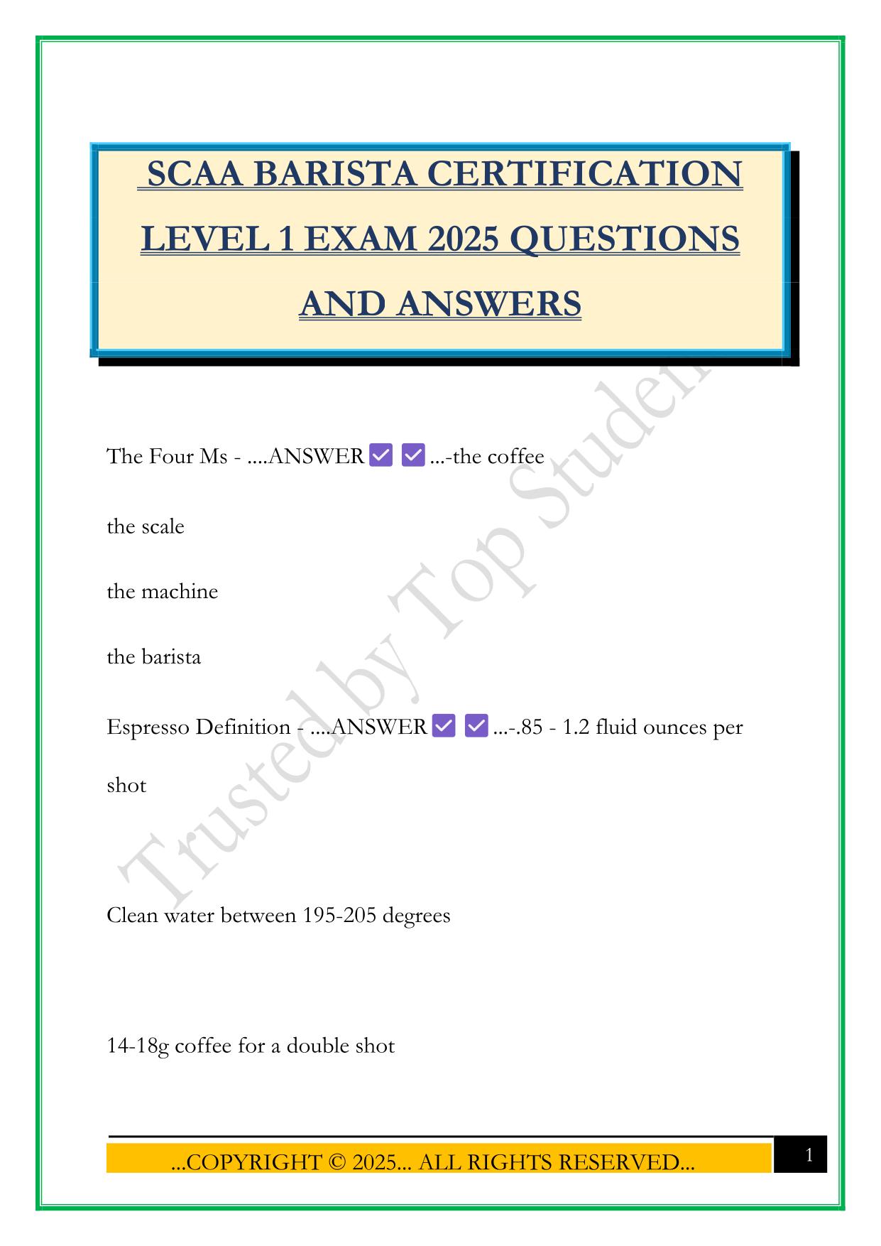 SCAA BARISTA CERTIFICATION LEVEL 1 EXAM 2025 QUESTIONS AND ANSWERS