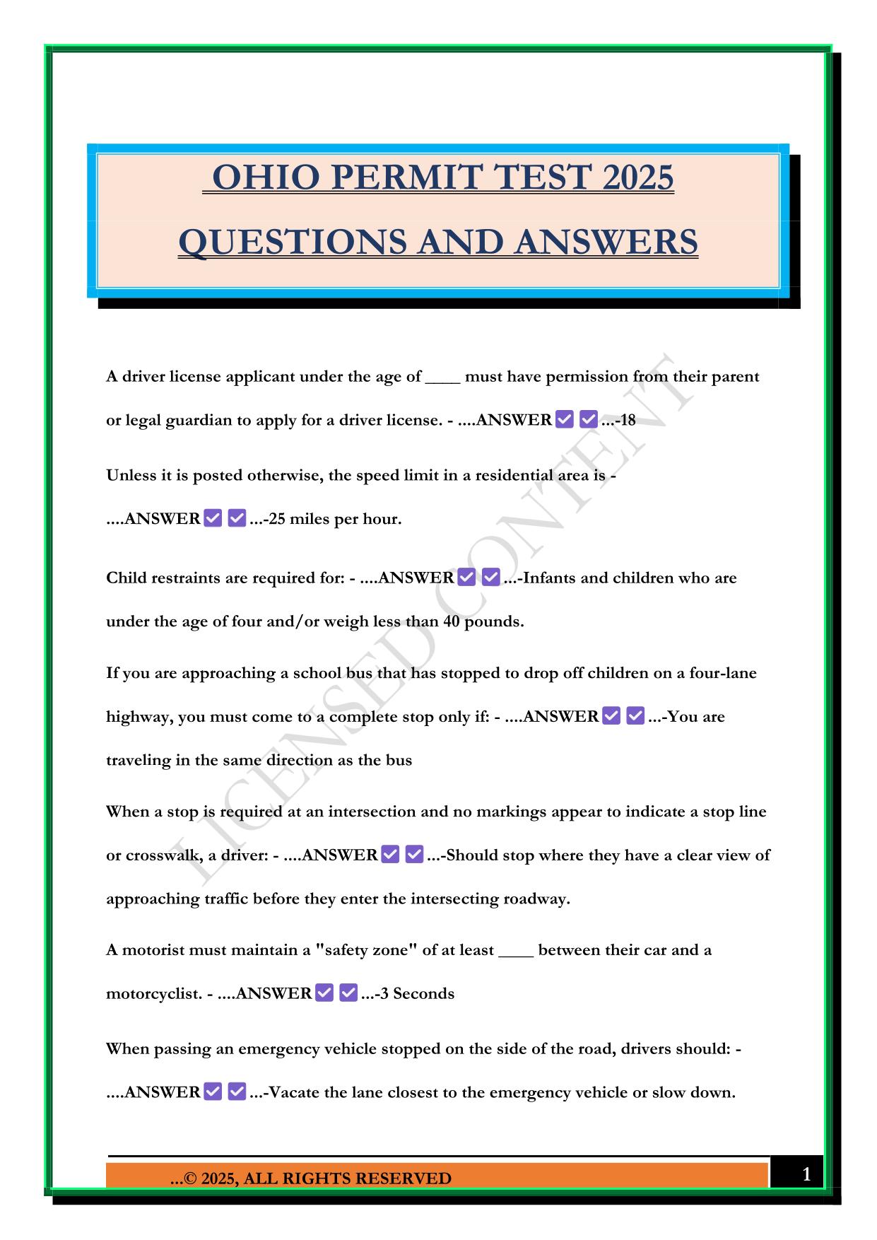 OHIO PERMIT TEST 2025 QUESTIONS AND ANSWERS