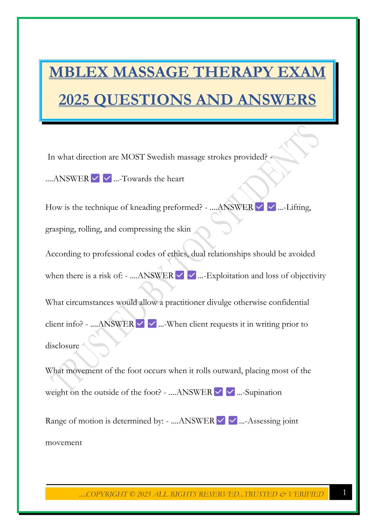 MBLEX MASSAGE THERAPY EXAM 2025 QUESTIONS AND ANSWERS