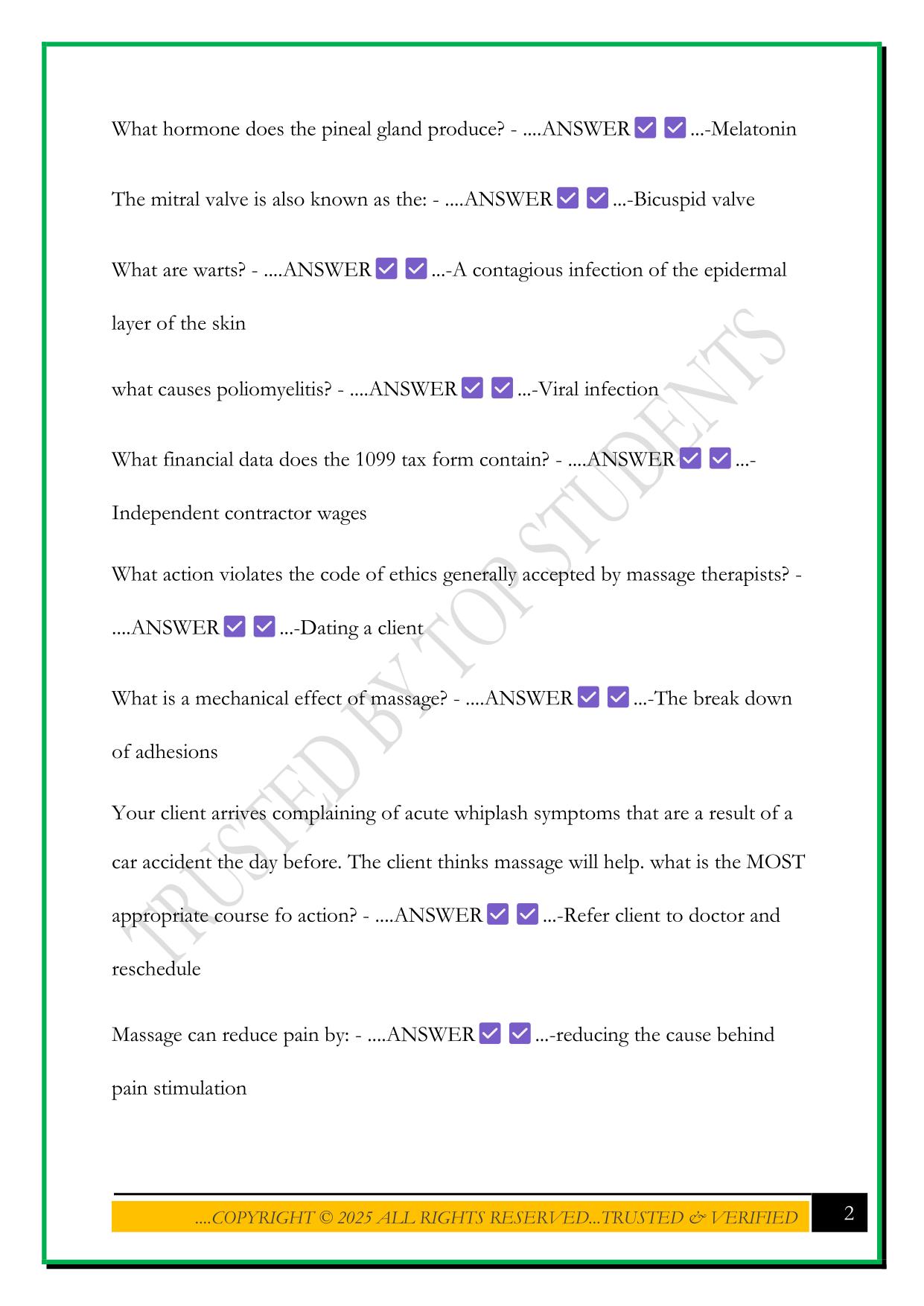 MBLEX MASSAGE THERAPY EXAM 2025 QUESTIONS AND ANSWERS