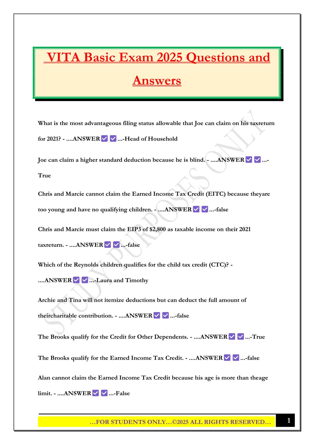 VITA Basic Exam 2025 Questions and Answers
