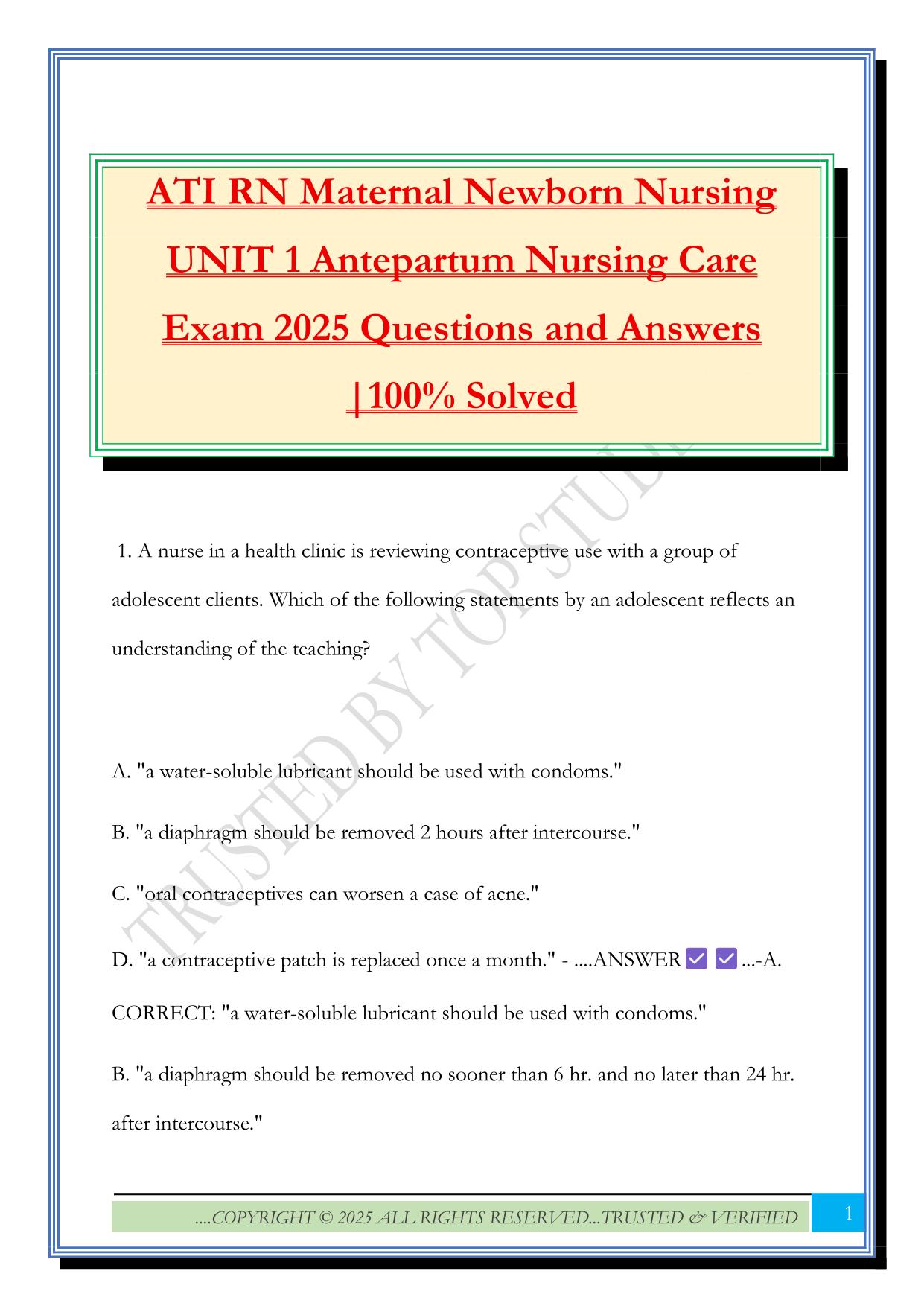 ATI RN Maternal Newborn Nursing UNIT 1 Antepartum Nursing Care Exam 2025 Questions and Answers |100% Solved