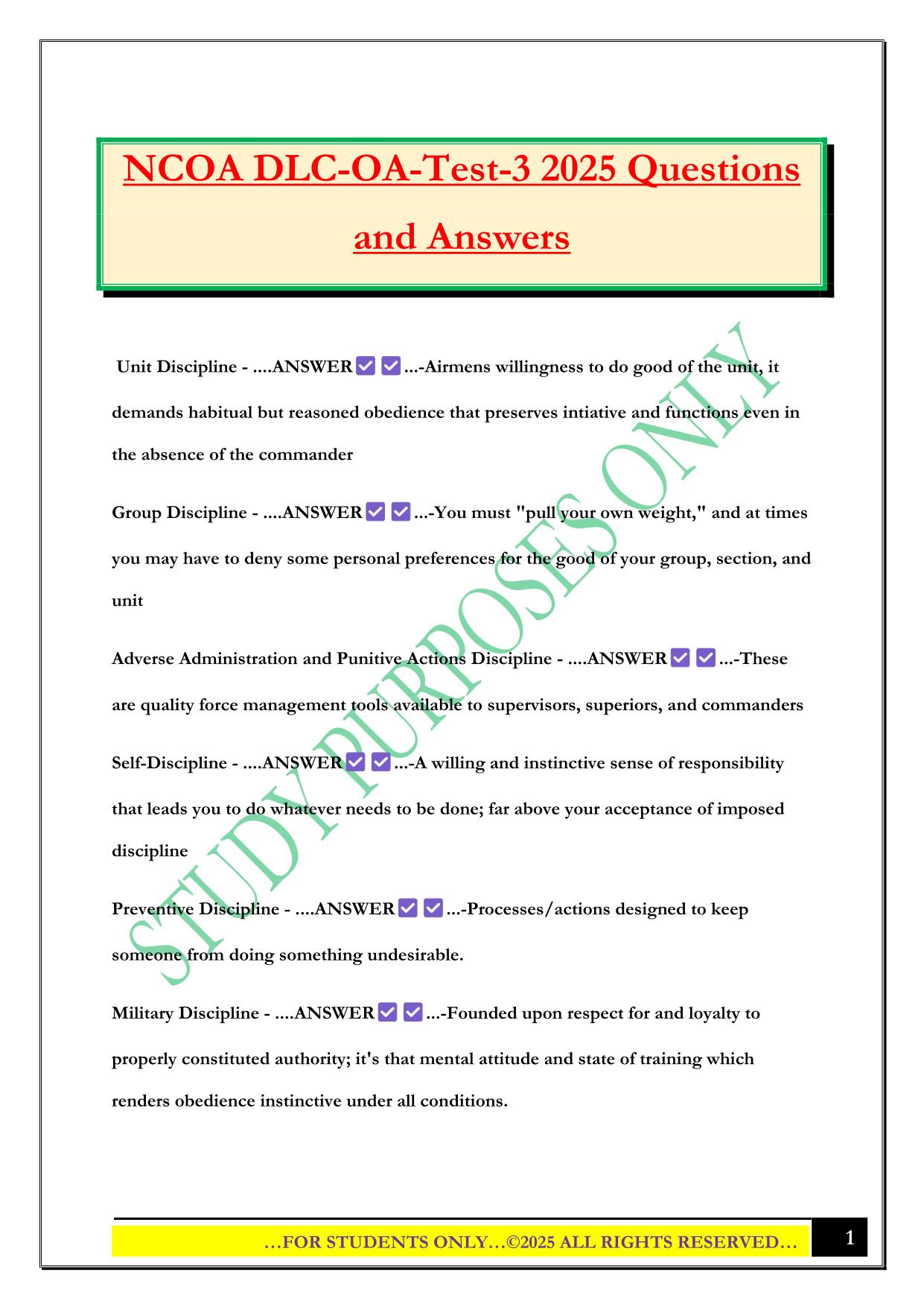 NCOA DLC-OA-Test-3 2025 Questions and Answers
