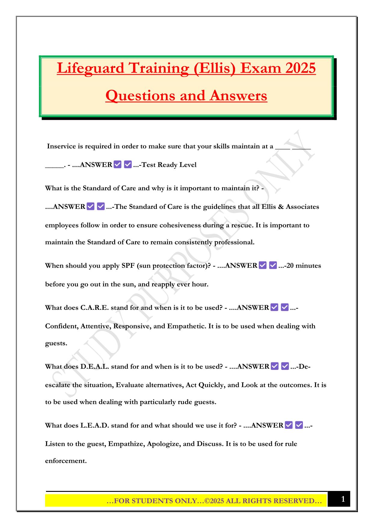 Ellis Lifeguard Training Exam 2025 Questions and Answers