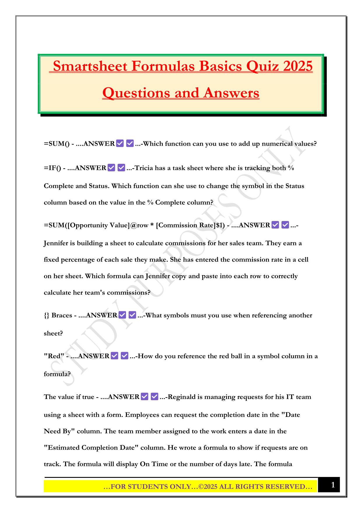 Smartsheet Formulas Basics Quiz 2025 Questions and Answers