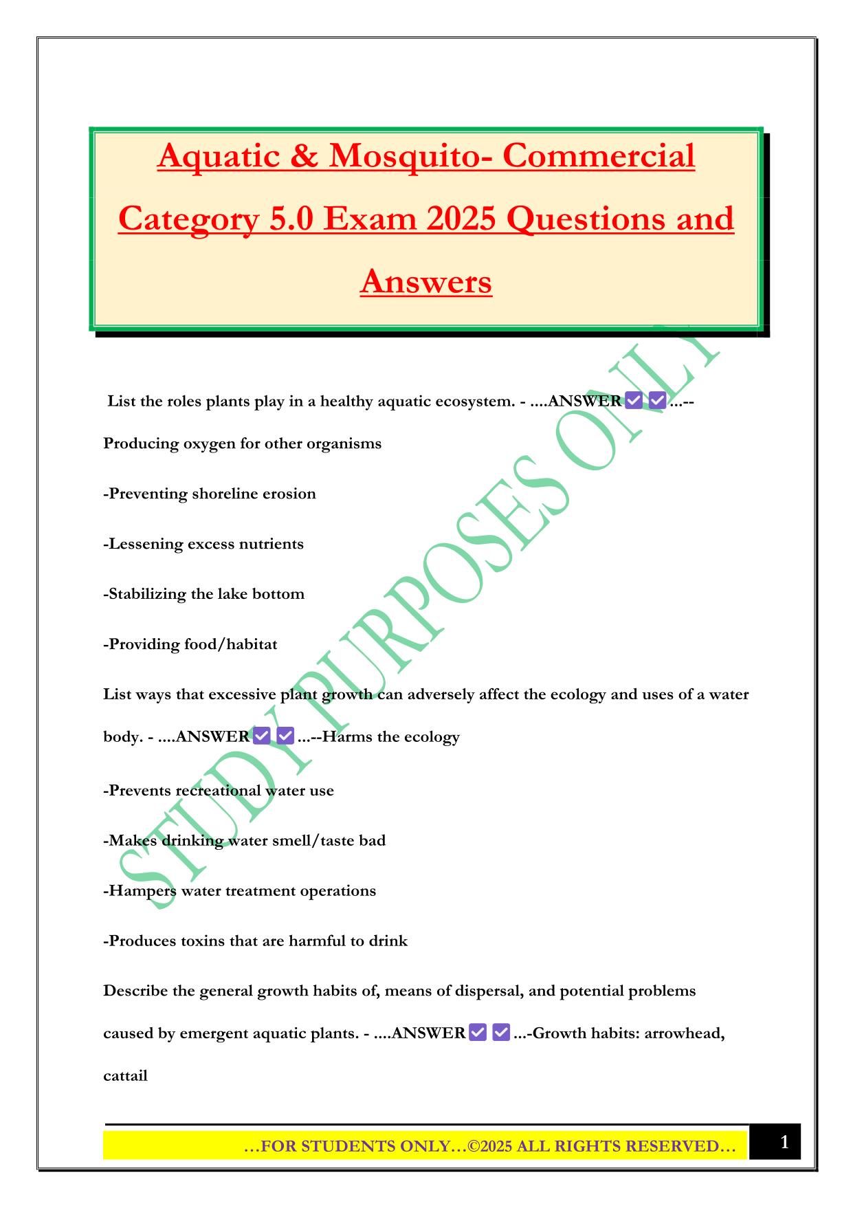 Aquatic & Mosquito- Commercial Category 5.0 Exam 2025 Questions and Answers