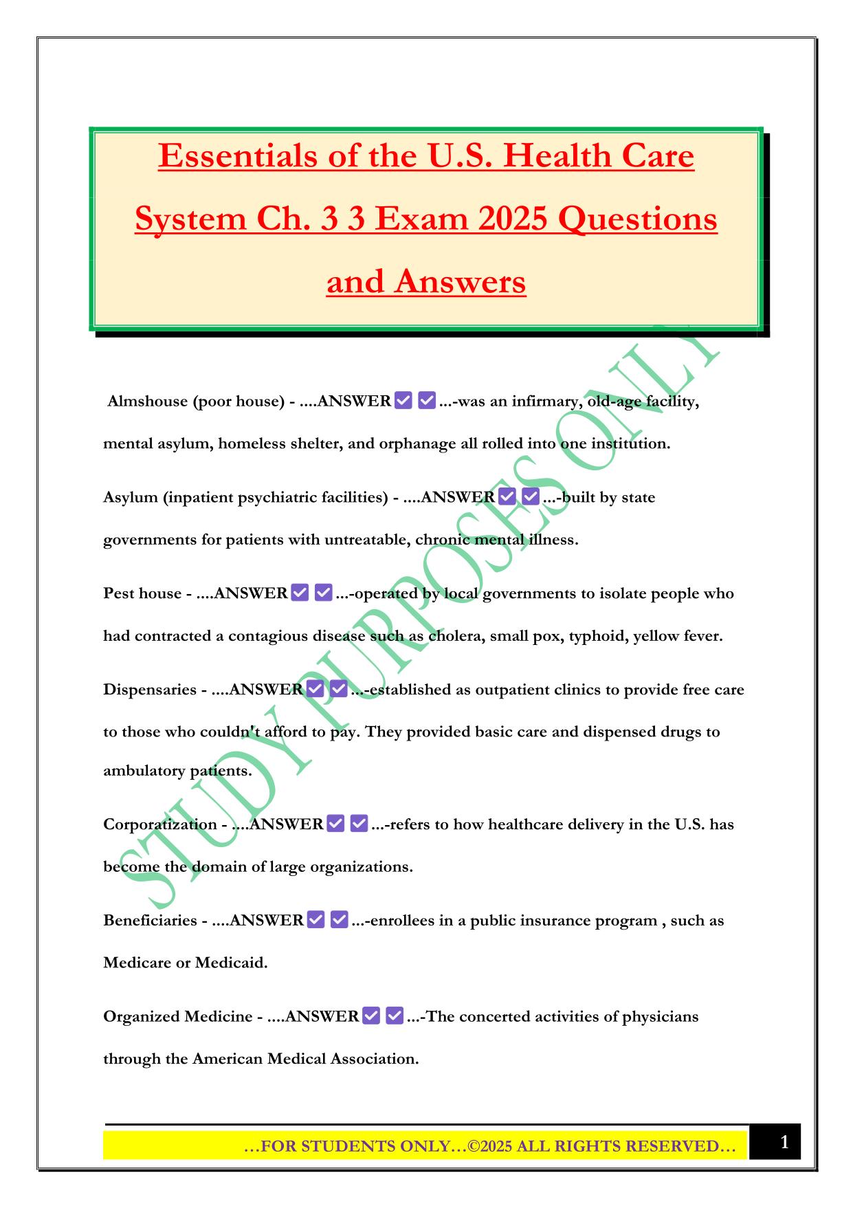 Essentials of the U.S. Health Care System Ch. 3 3 Exam 2025 Questions and Answers