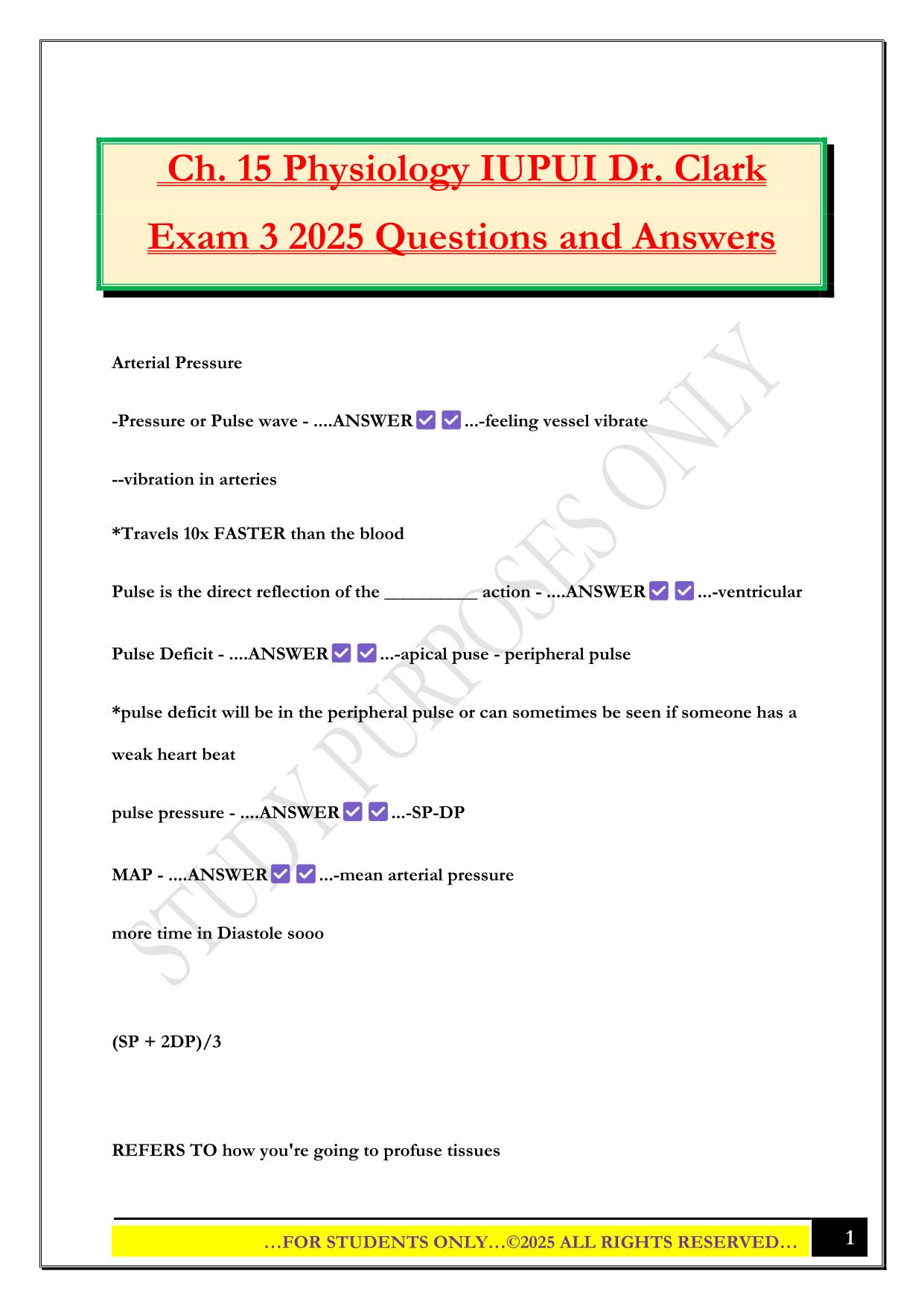 Ch. 15 Physiology IUPUI Dr. Clark Exam 3 2025 Questions and Answers