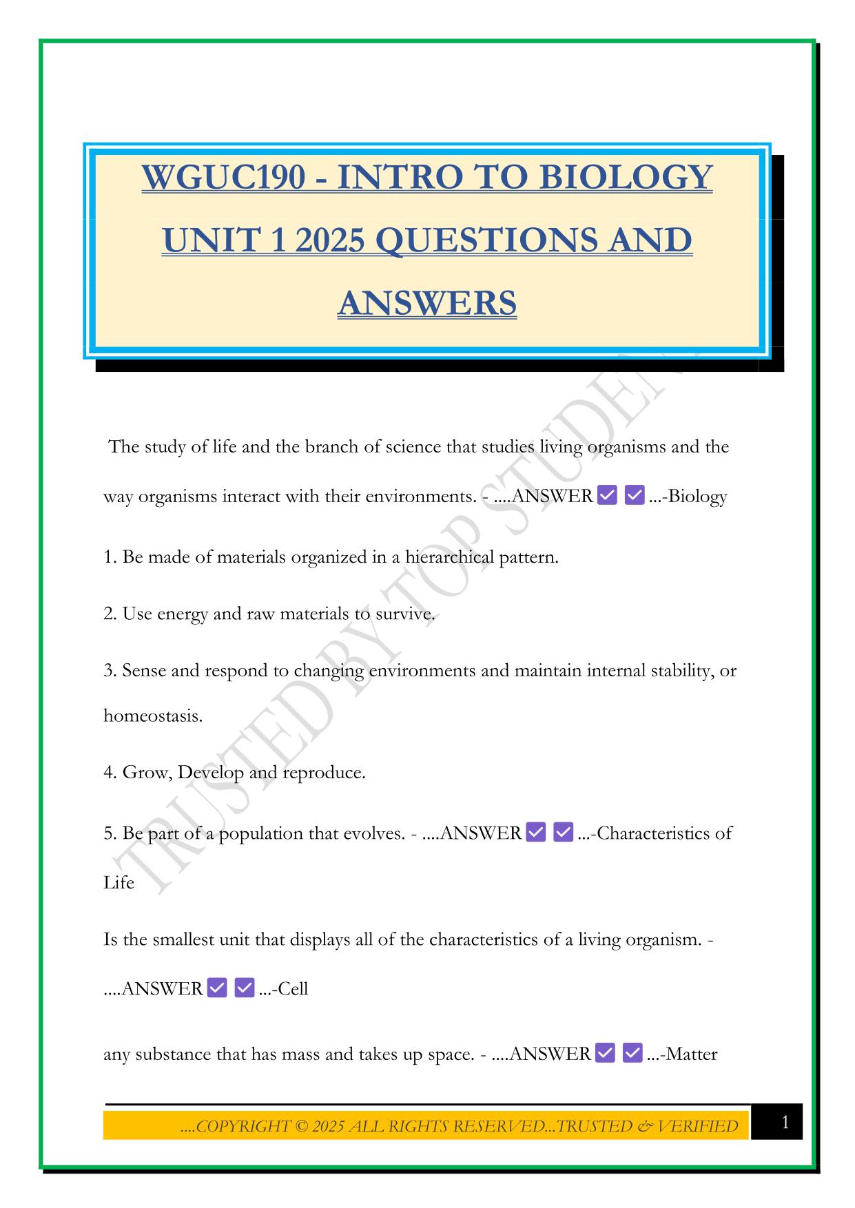 WGUC190 - INTRO TO BIOLOGY UNIT 1 2025 QUESTIONS AND ANSWERS