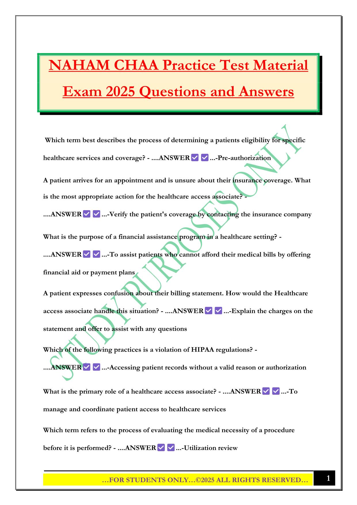 NAHAM CHAA Practice Test Material Exam 2025 Questions and Answers
