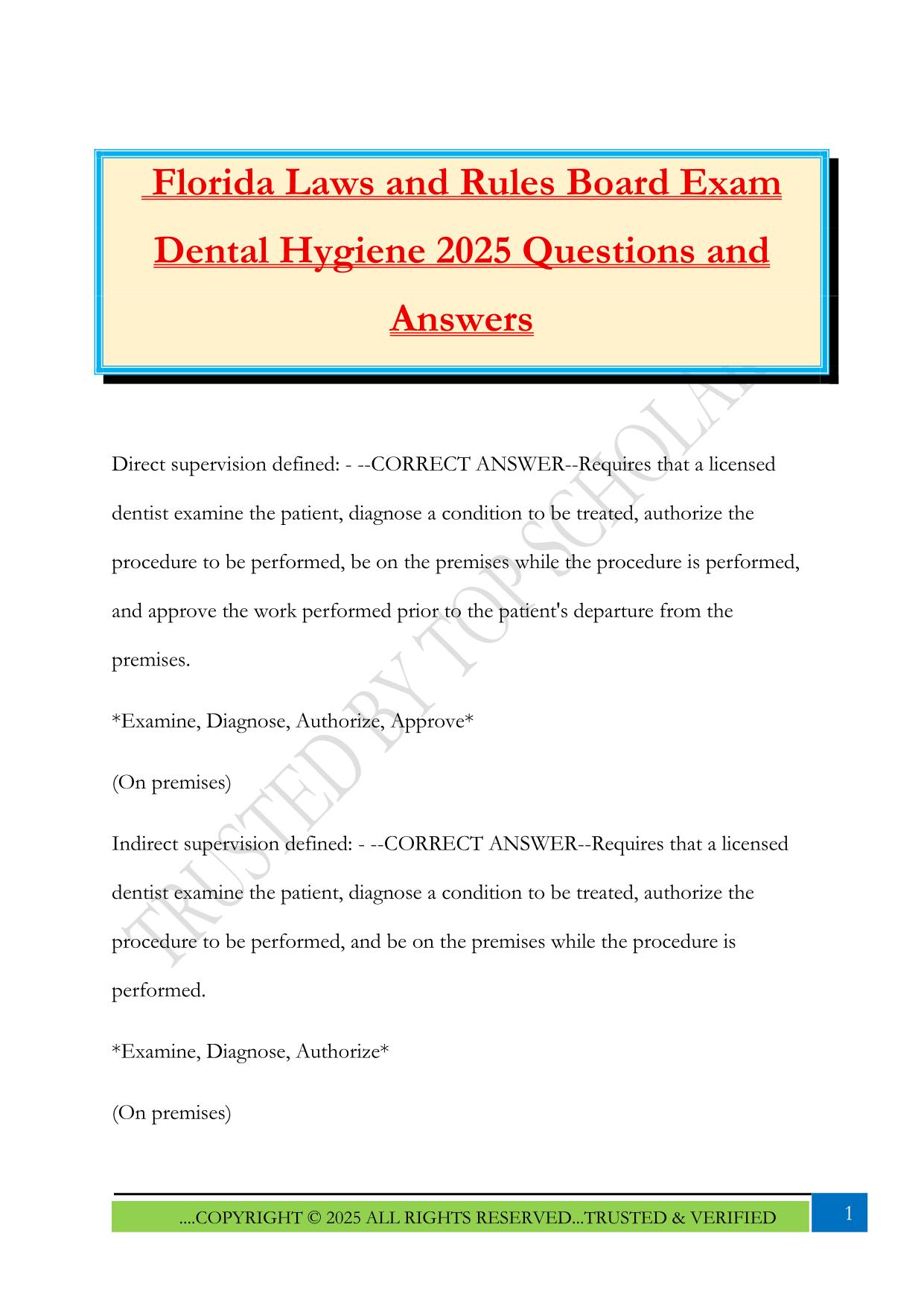 Florida Laws and Rules Board Exam Dental Hygiene 2025 Questions and Answers