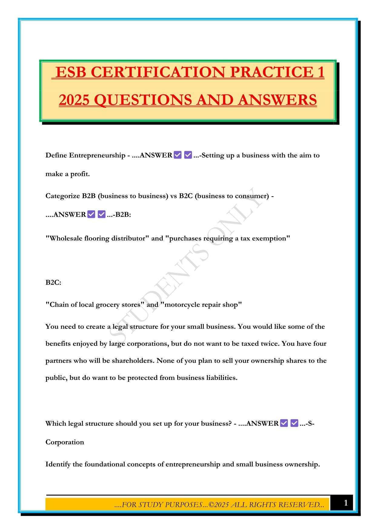 ESB CERTIFICATION PRACTICE 1 2025 QUESTIONS AND ANSWERS