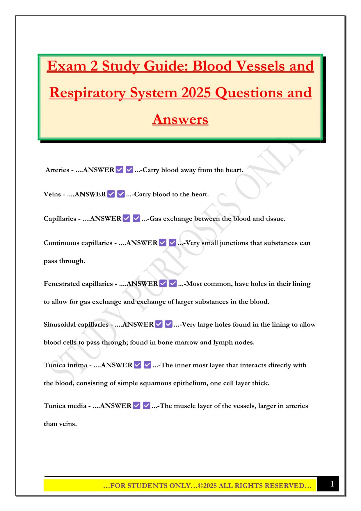 Exam 2 Study Guide: Blood Vessels and Respiratory System 2025 Questions and Answers