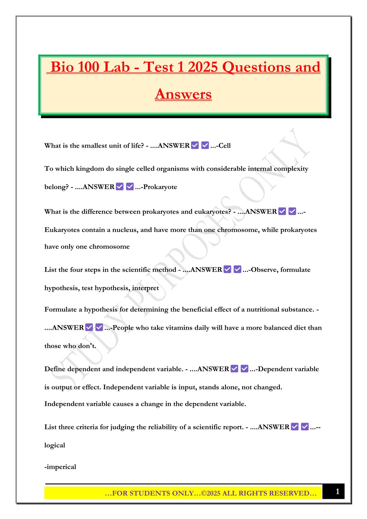 Bio 100 Lab - Test 1 2025 Questions and Answers