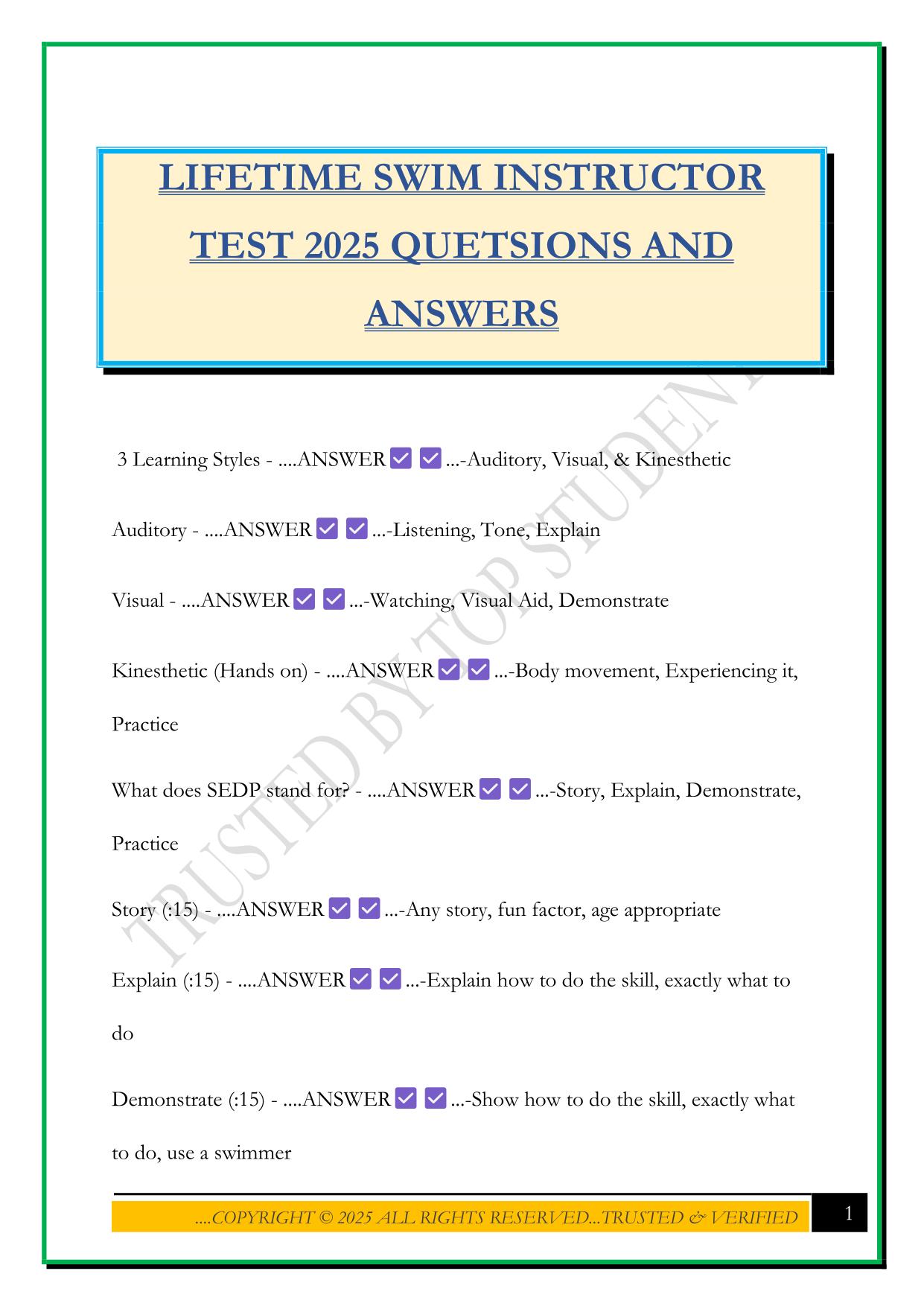LIFETIME SWIM INSTRUCTOR TEST 2025 QUETSIONS AND ANSWERS
