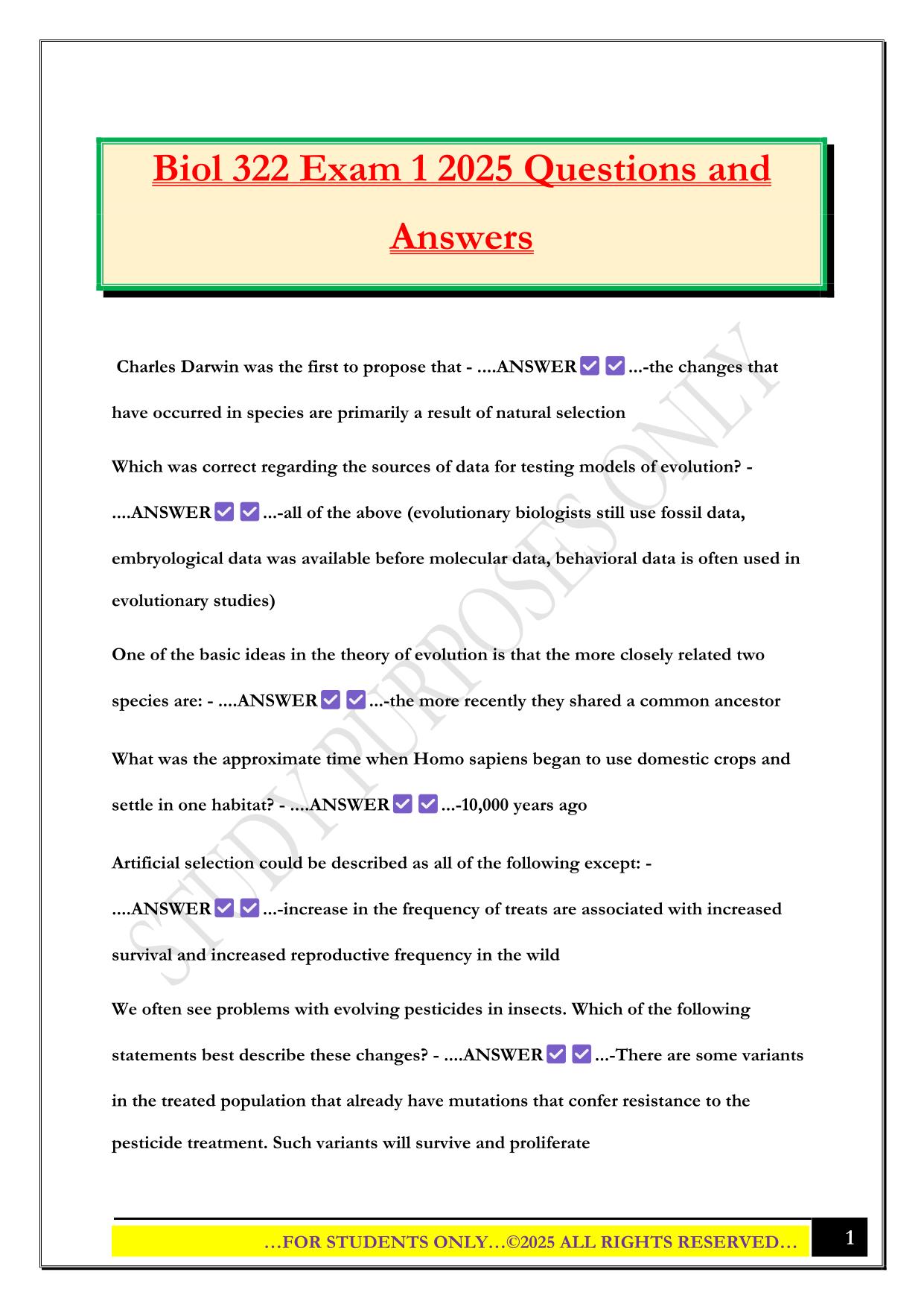 Biol 322 Exam 1 2025 Questions and Answers