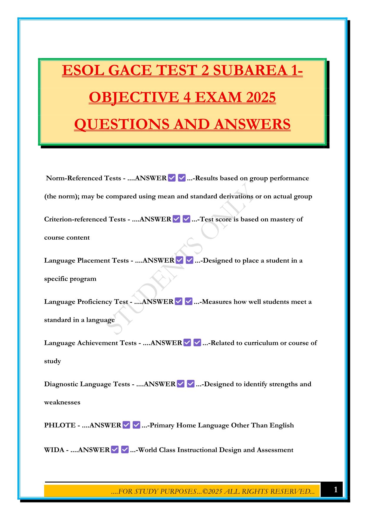 ESOL GACE TEST 2 SUBAREA 1- OBJECTIVE 4 EXAM 2025 QUESTIONS AND ANSWERS