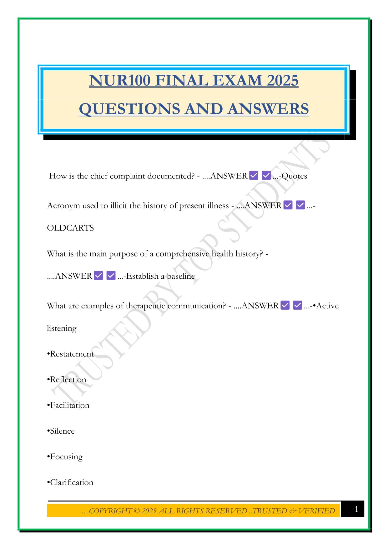 NUR100 FINAL EXAM 2025 QUESTIONS AND ANSWERS