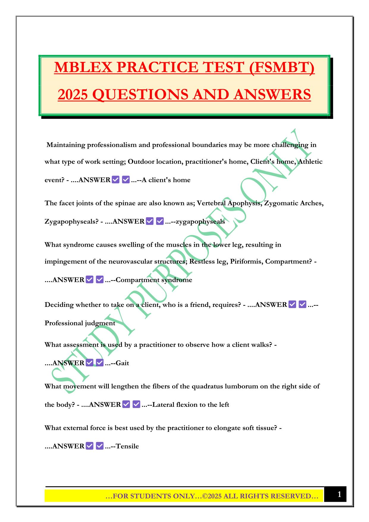 MBLEX PRACTICE TEST (FSMBT) 2025 QUESTIONS AND ANSWERS