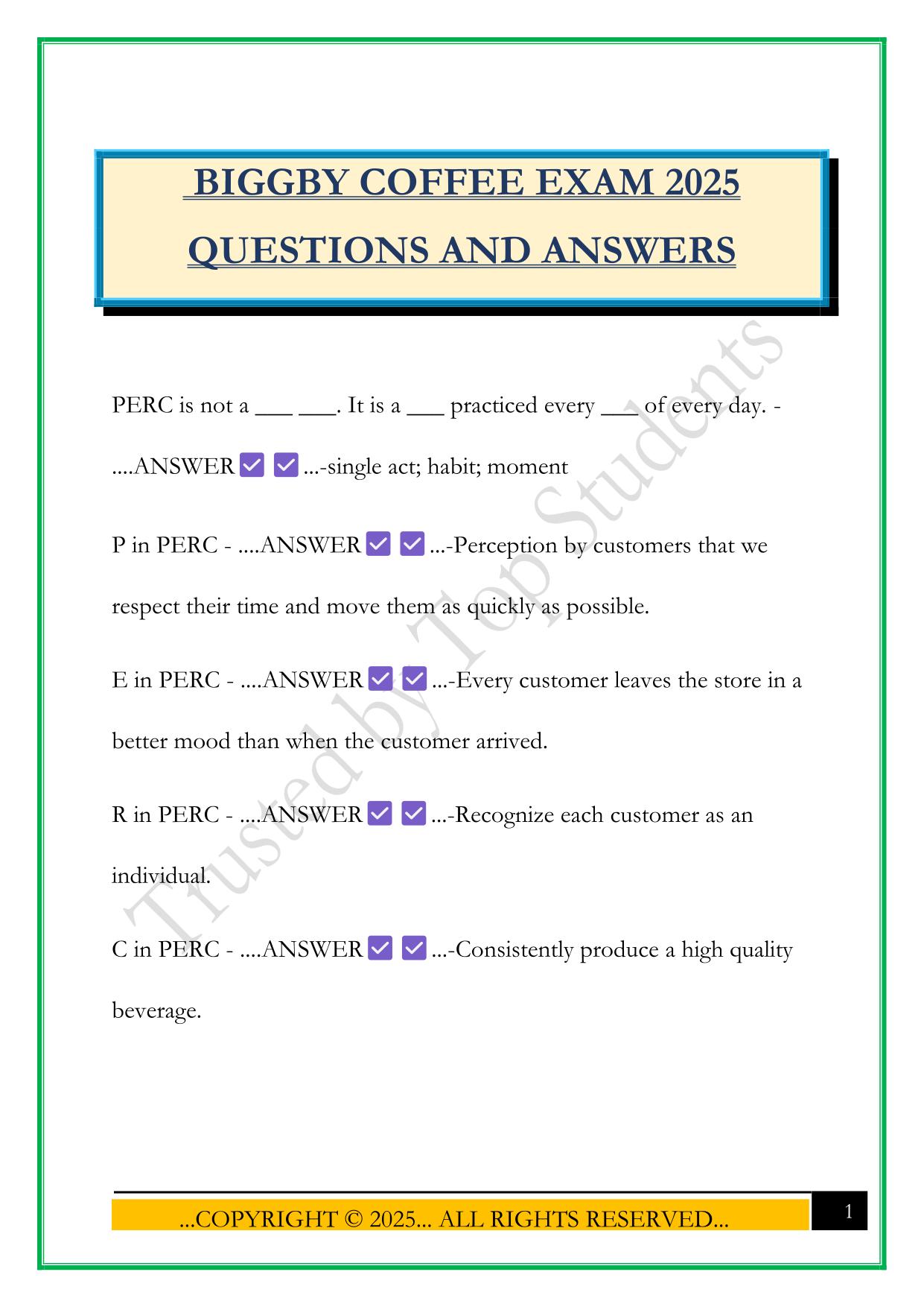 BIGGBY COFFEE EXAM 2025 QUESTIONS AND ANSWERS