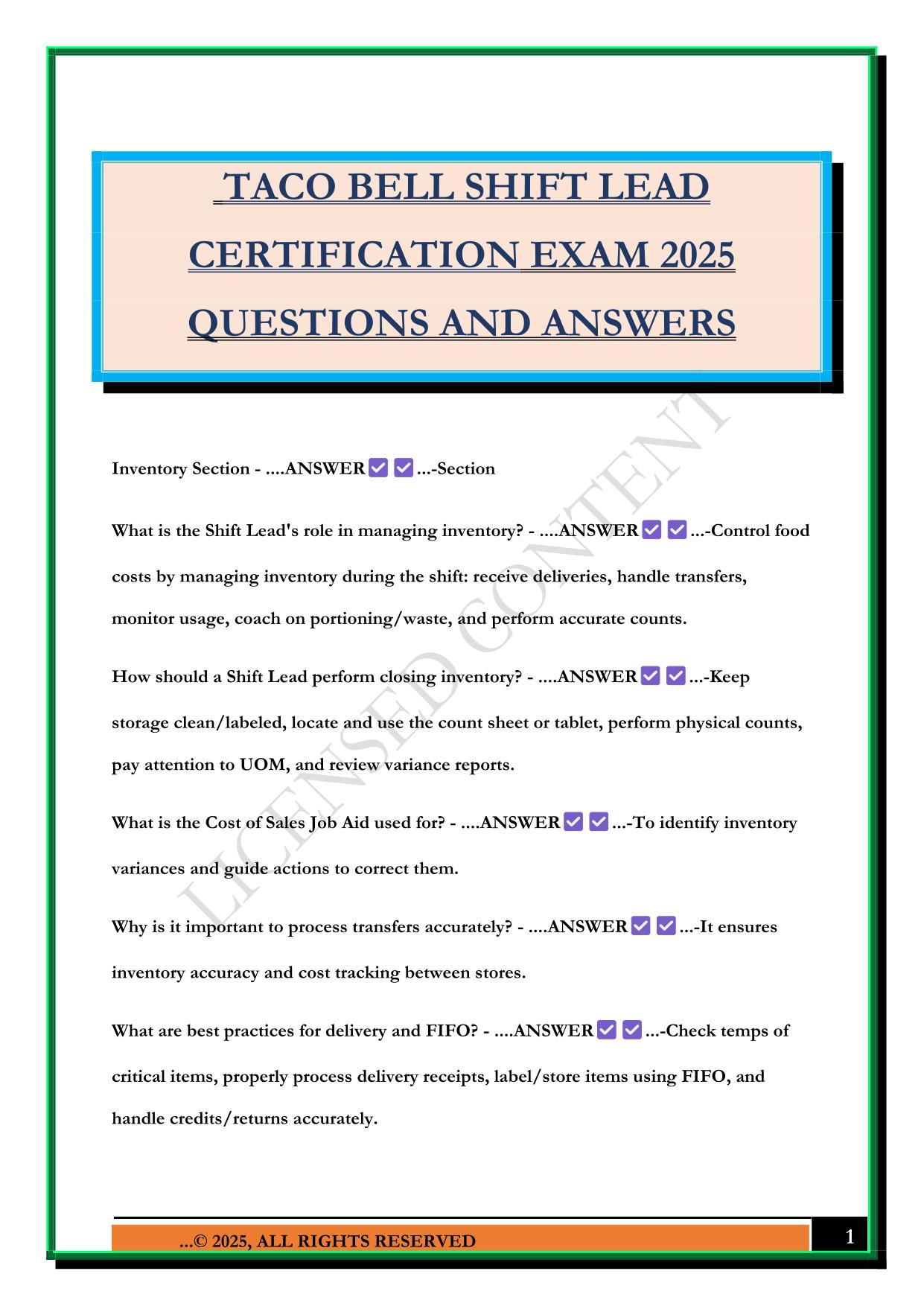 TACO BELL SHIFT LEAD CERTIFICATION EXAM 2025 QUESTIONS AND ANSWERS