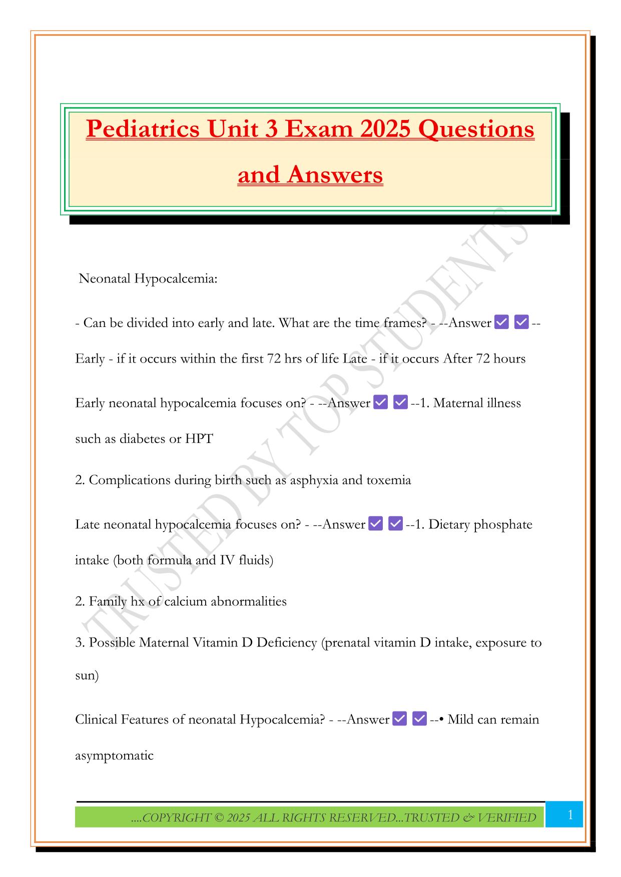 Pediatrics Unit 3 Exam 2025 Questions and Answers