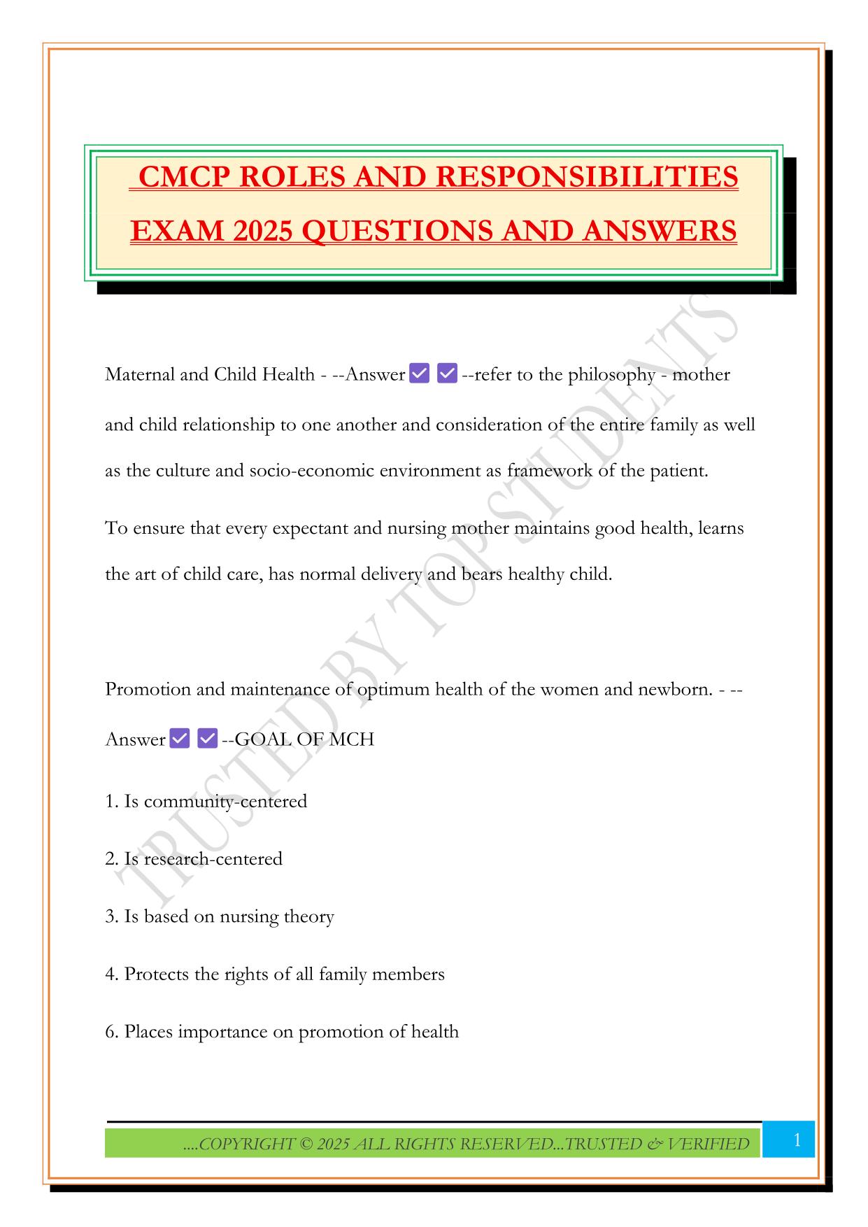 CMCP ROLES AND RESPONSIBILITIES EXAM 2025 QUESTIONS AND ANSWERS