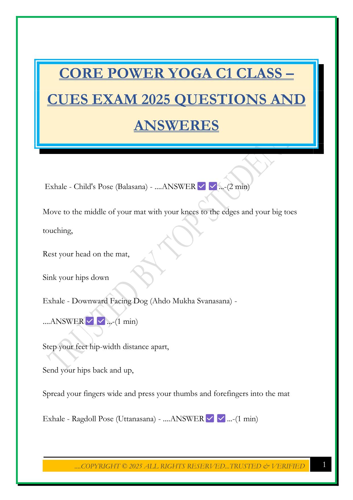 CORE POWER YOGA C1 CLASS – CUES EXAM 2025 QUESTIONS AND ANSWERES