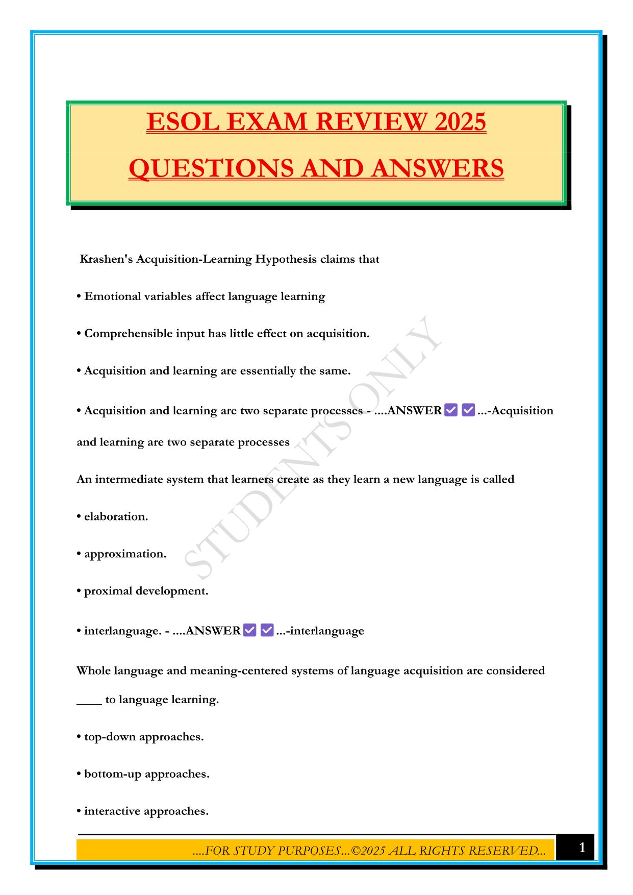 ESOL EXAM REVIEW 2025 QUESTIONS AND ANSWERS