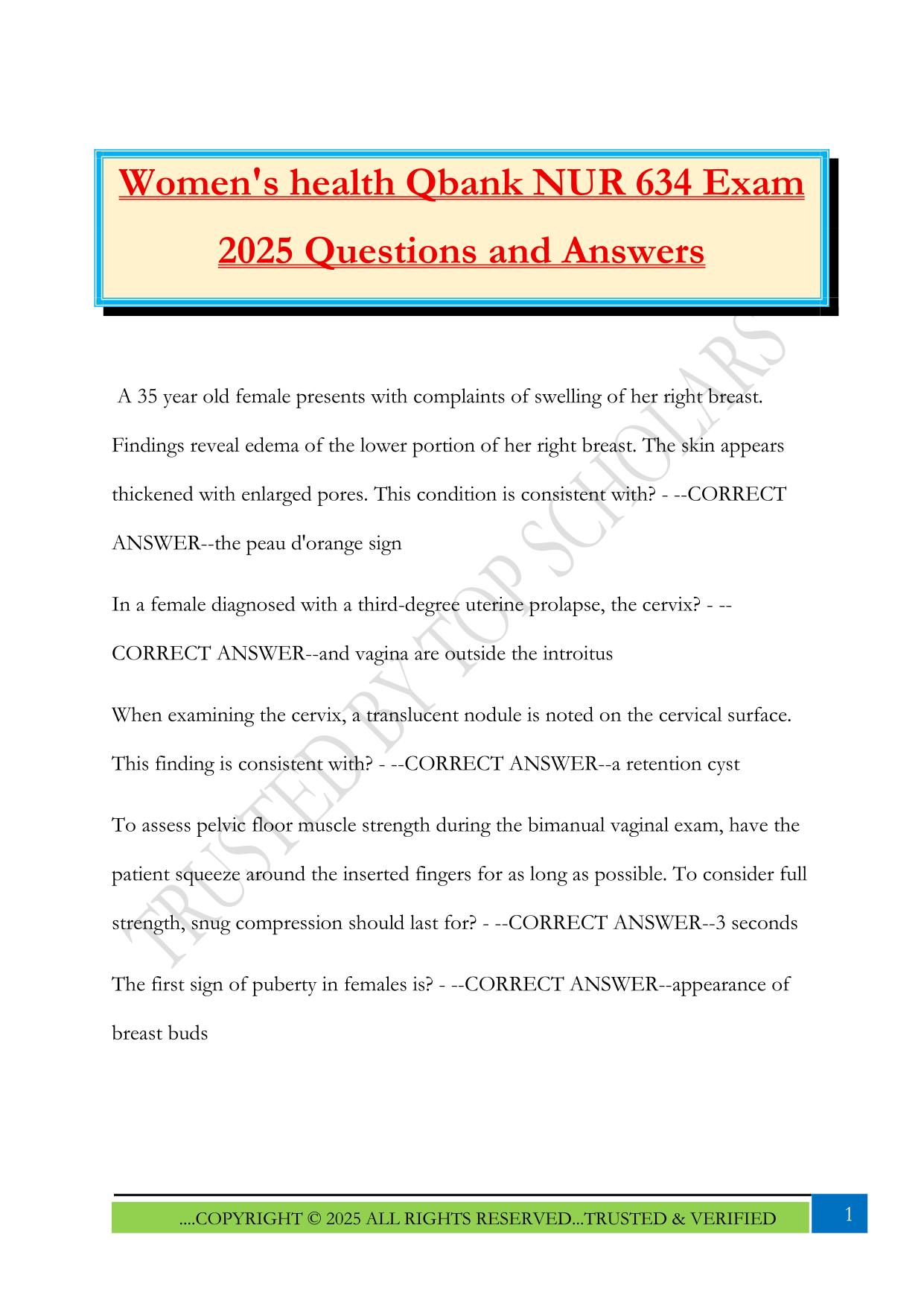 Women's health Qbank NUR 634 Exam 2025 Questions and Answers