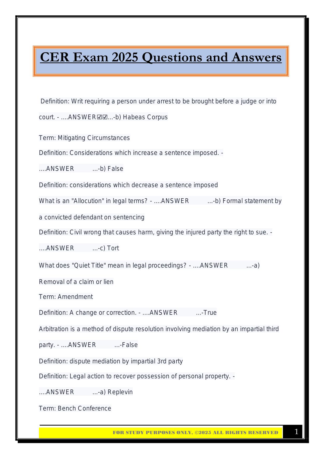 CER Exam 2025 Questions and Answers